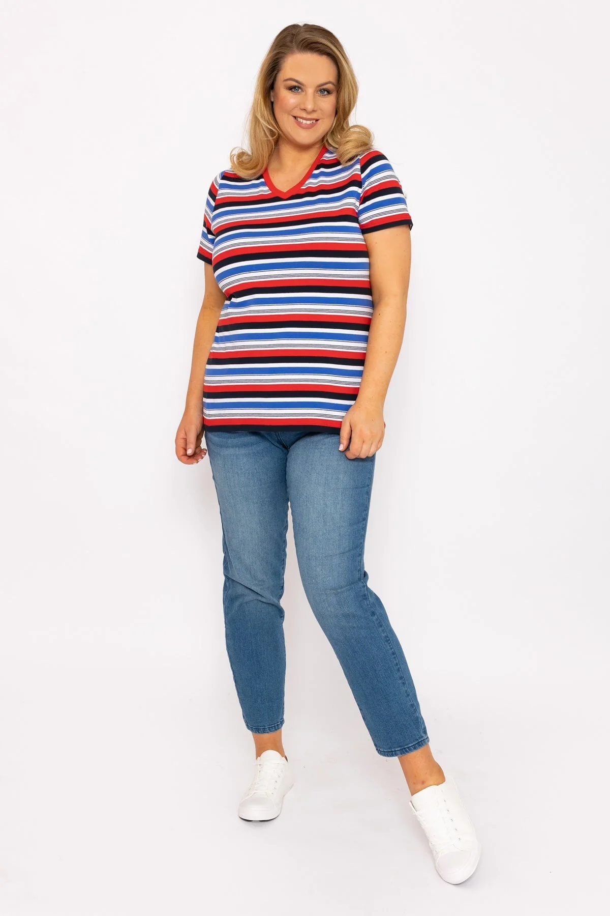 Striped Short Sleeve Top in Multi Print