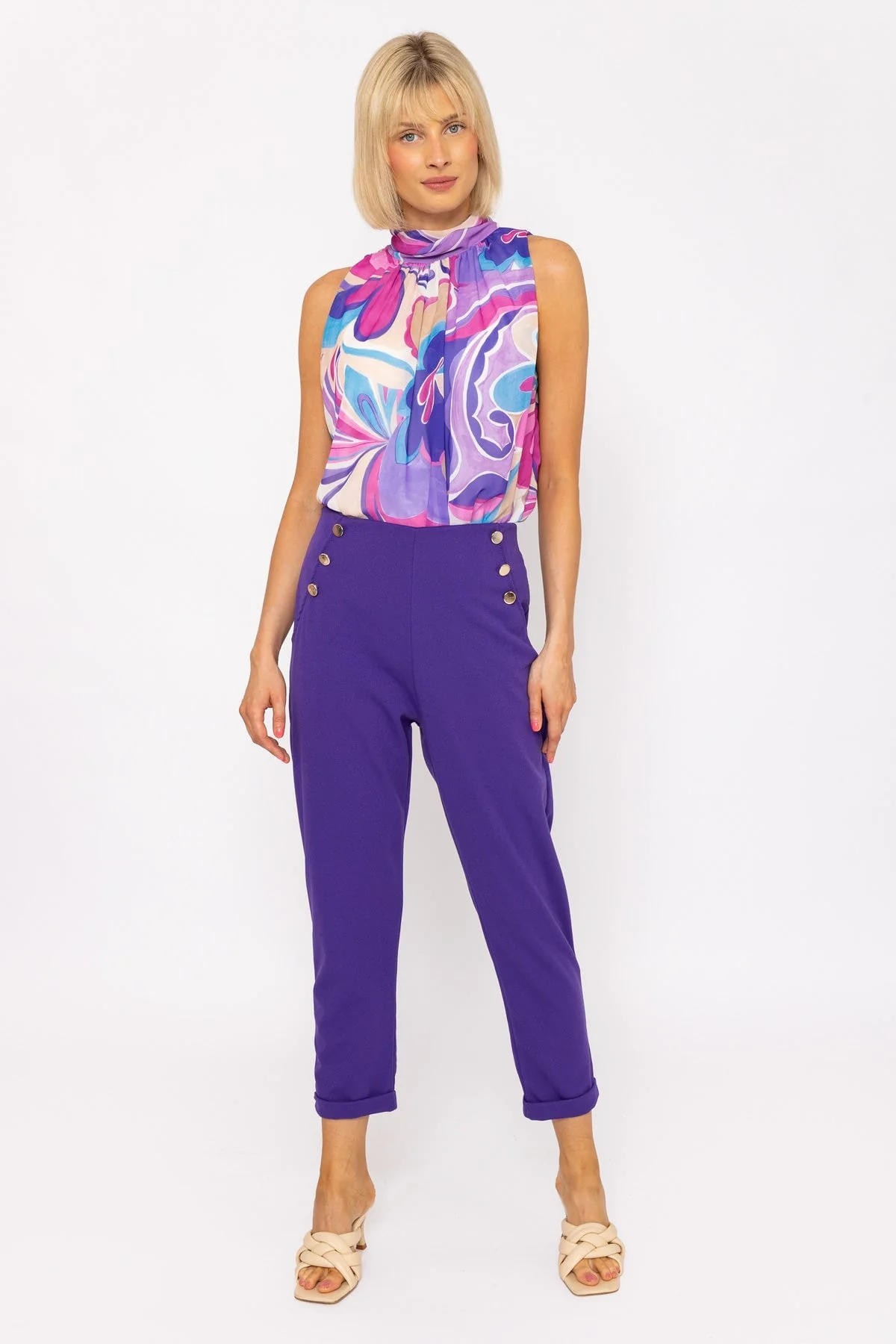 Sleeveless Halter Top in Lilac Print