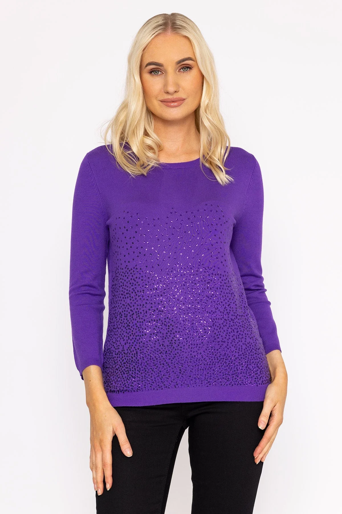 Sequin Crew Neck 3/4 Sleeve Knit in Purple