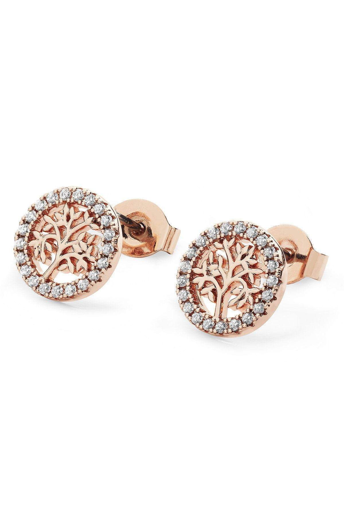 Rose Gold Tree and CZ Circle Stud Earrings