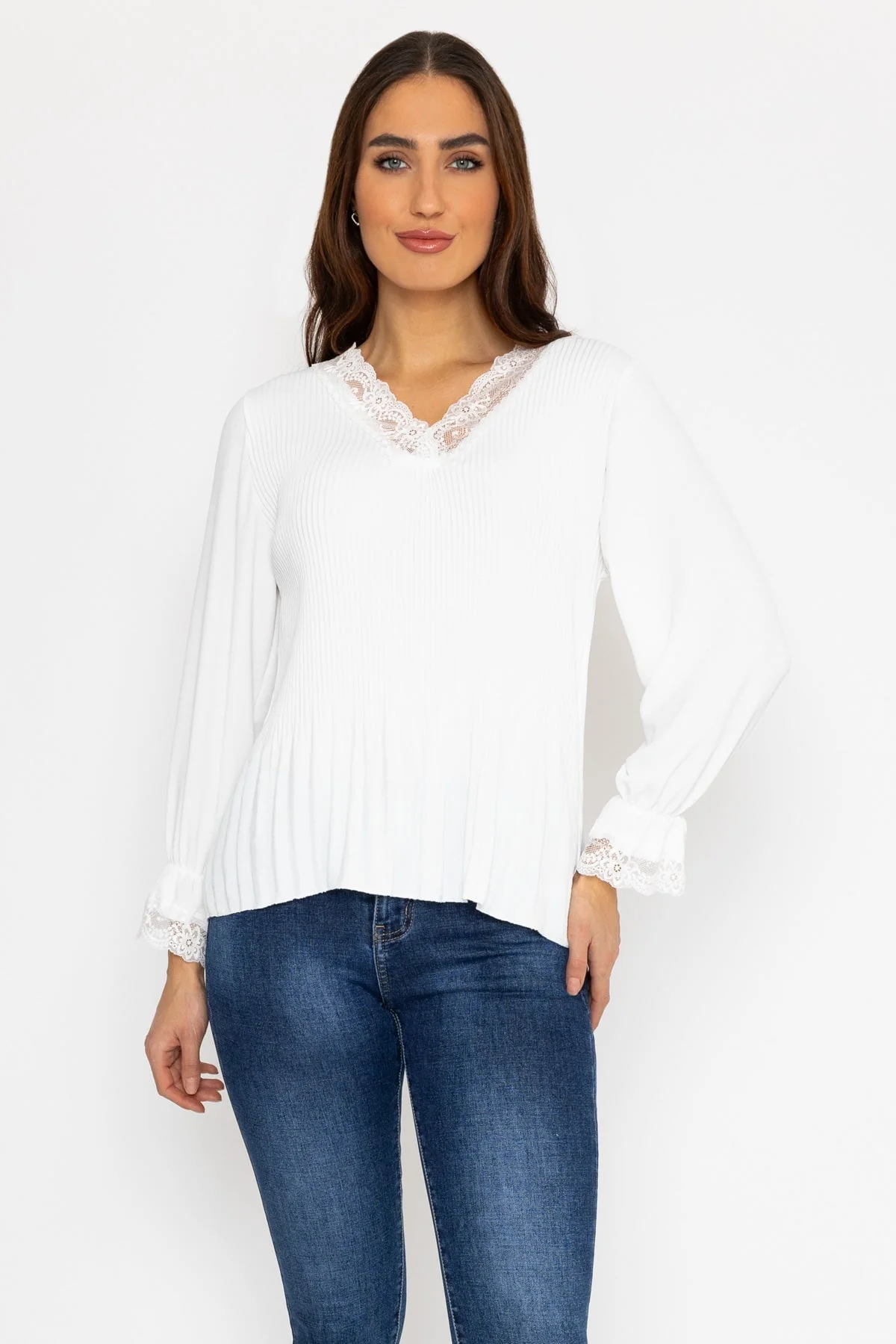 Pleated Lace Trim Top in Ecru