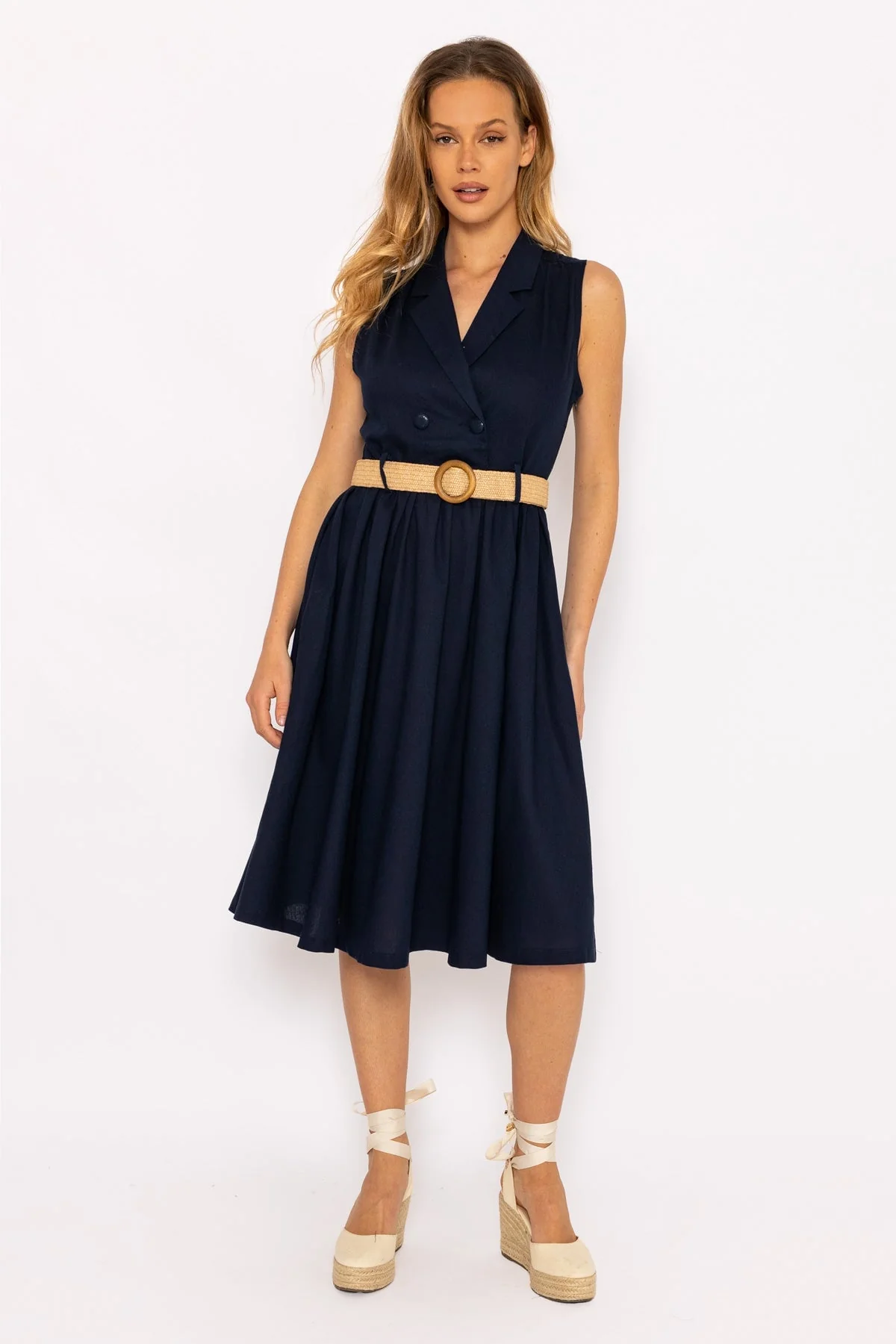Navy Linen Sleeveless Shirt Dress