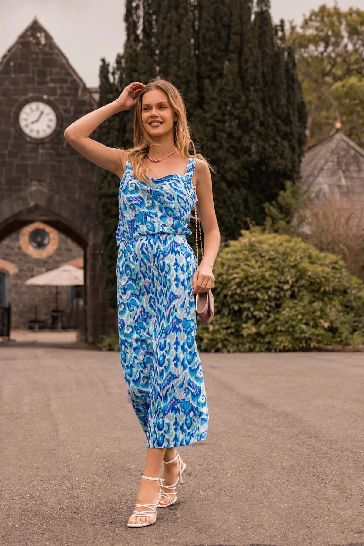 Blue Lurex Print Midi Skirt