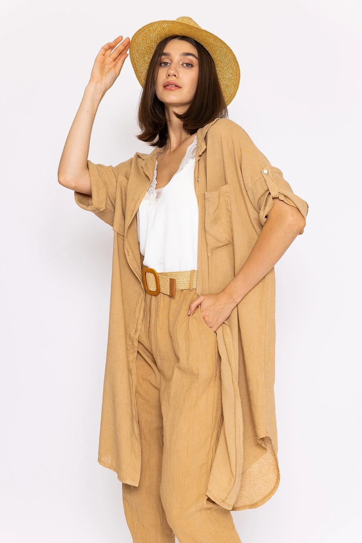Oversized Linen Shirt in Camel