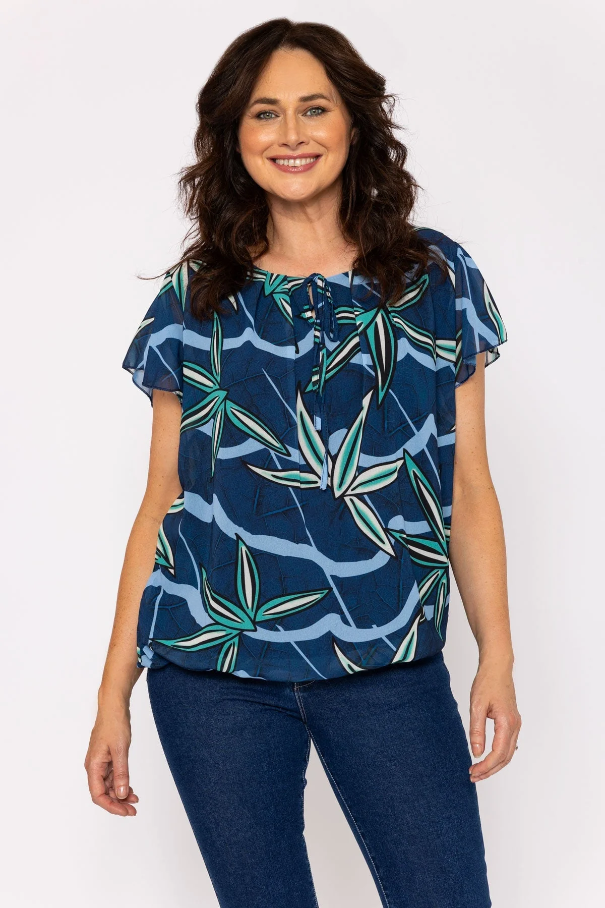 Short Sleeve Blouse in Dark Blue Print