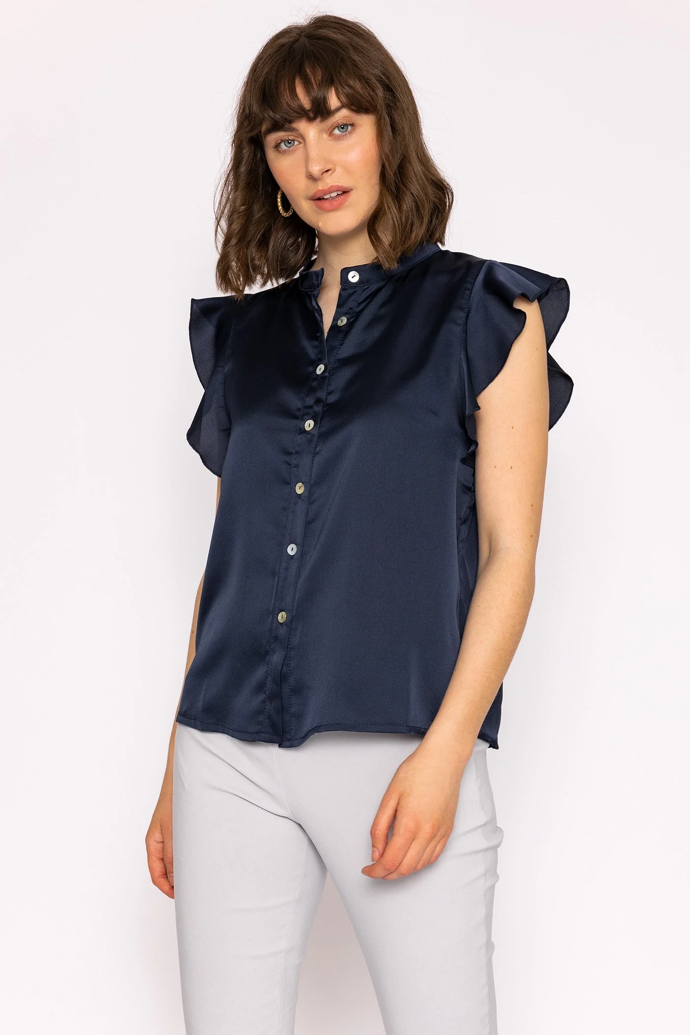 Ruffle Satin Shirt in Navy