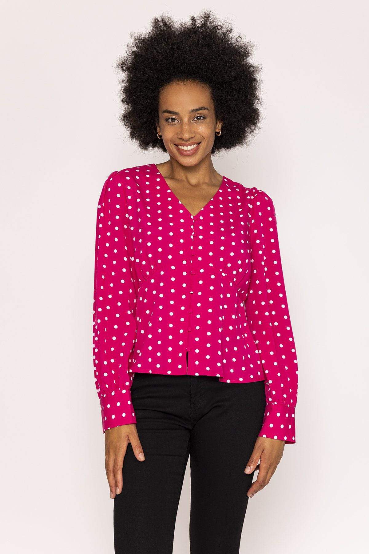 Polka Dot V-Neck Blouse in Pink