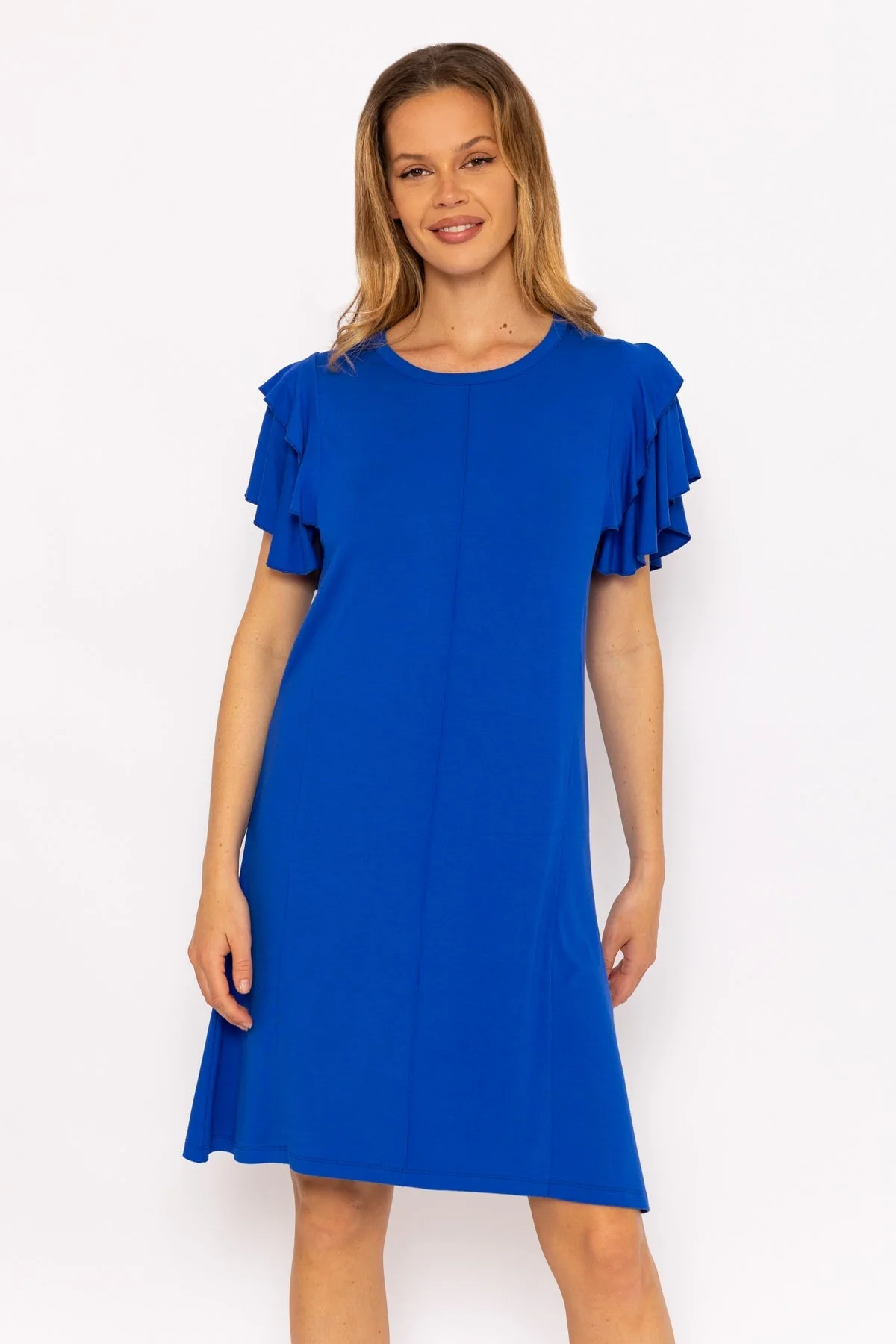Blue Frill Sleeve Jersey Dress