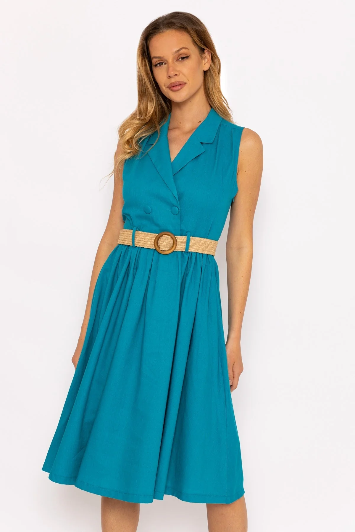 Blue Linen Sleeveless Shirt Dress