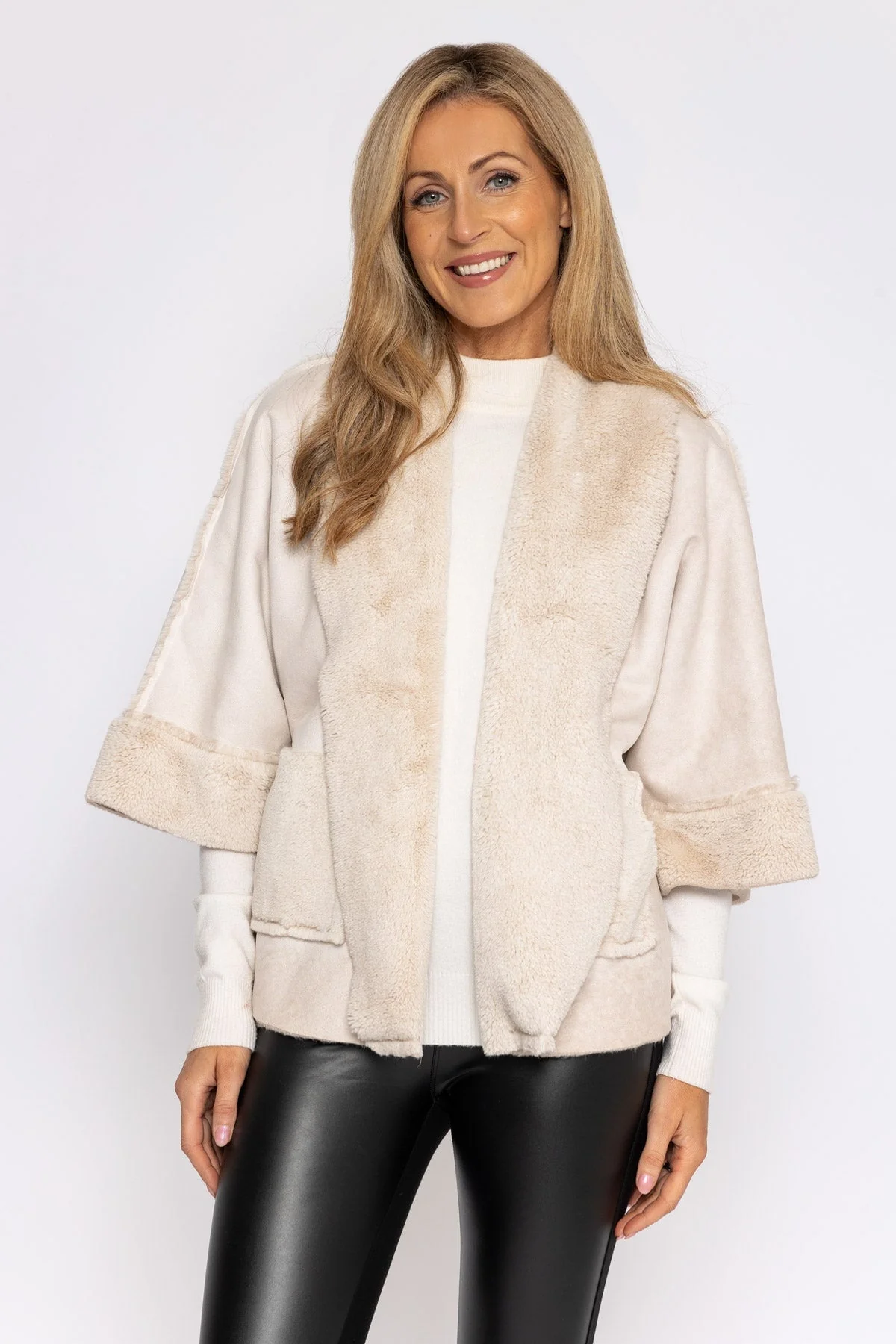 Suede Shawl Jacket in Beige