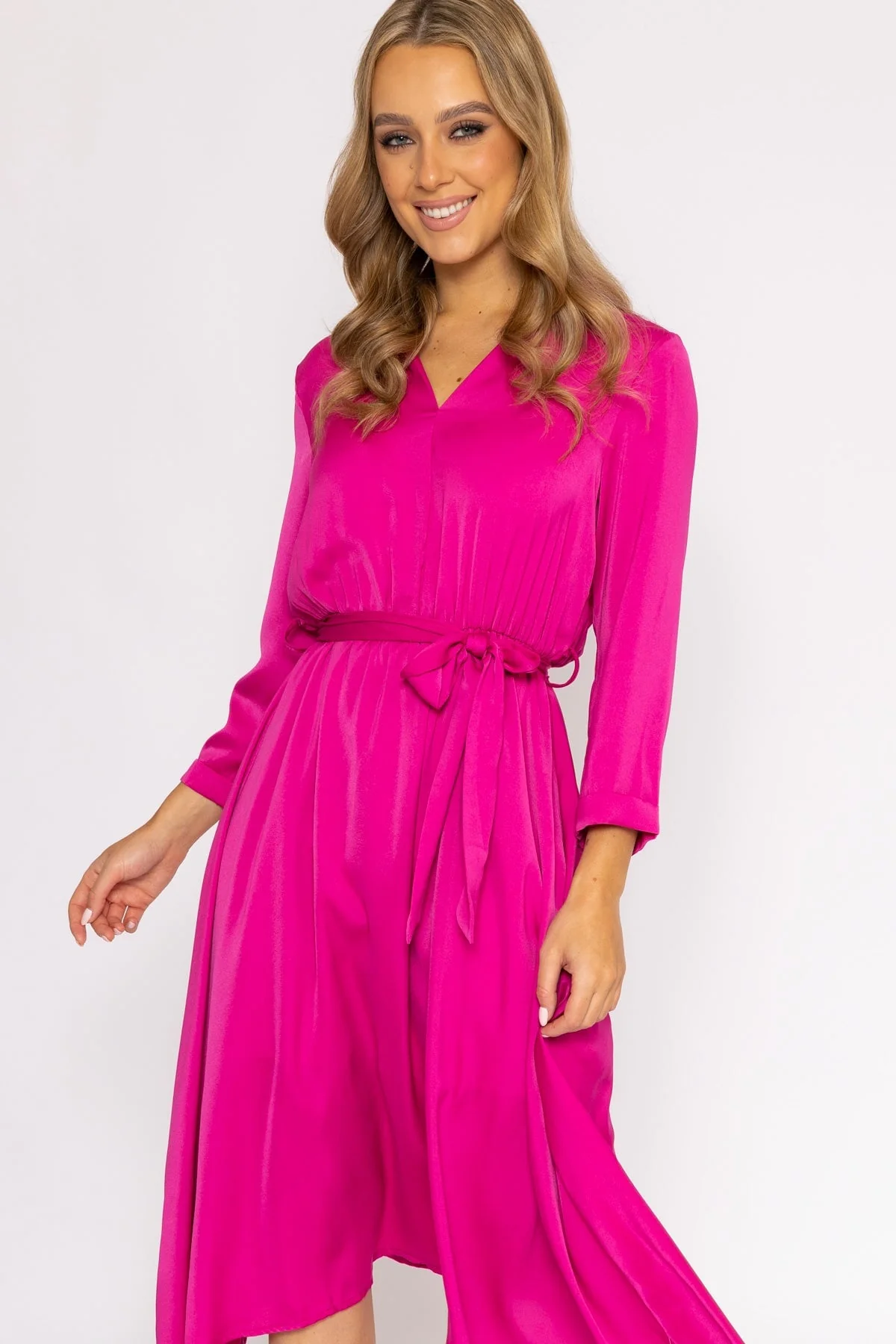 Satin V-Neck Midi Dress in Pink