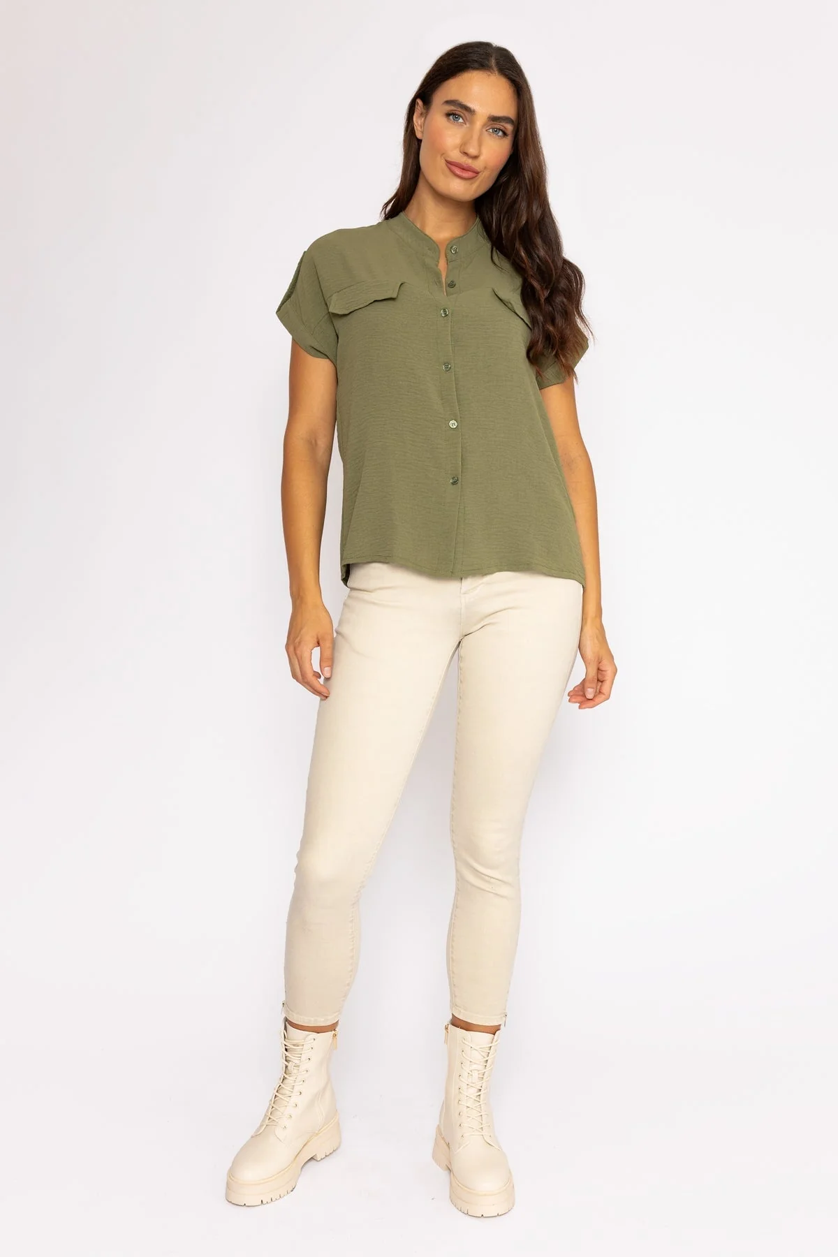 Short Sleeve Collarless Shirt in Khaki