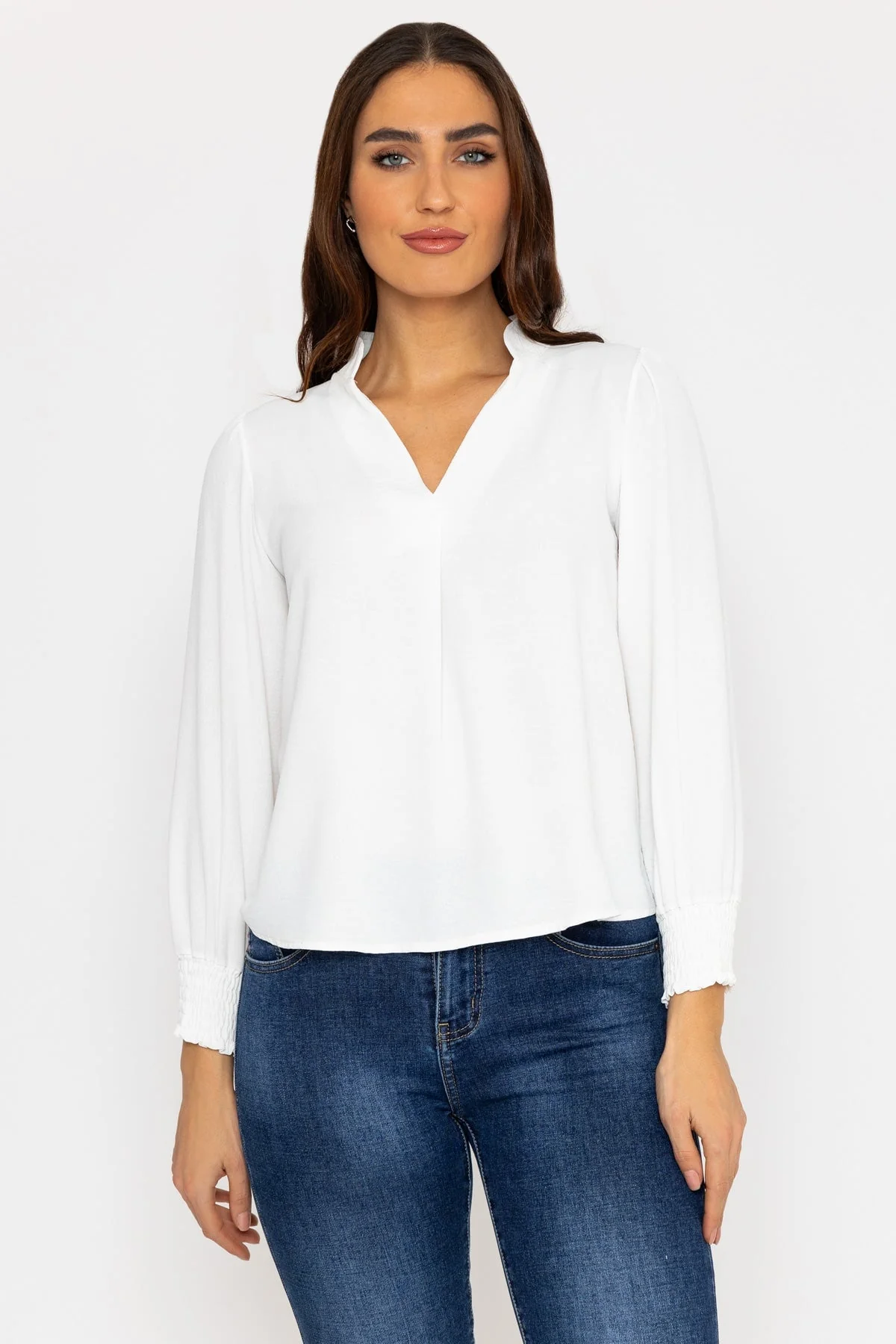 Long Sleeve Collarless Top in Ecru