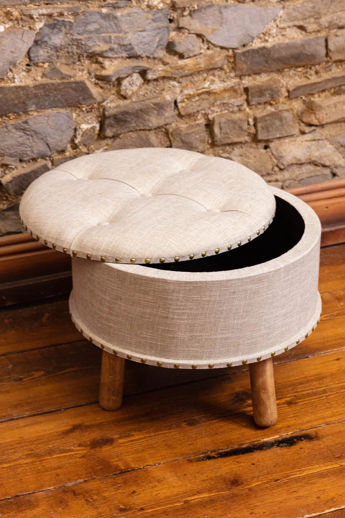 Oatmeal Fabric Upholstered Storage Stool