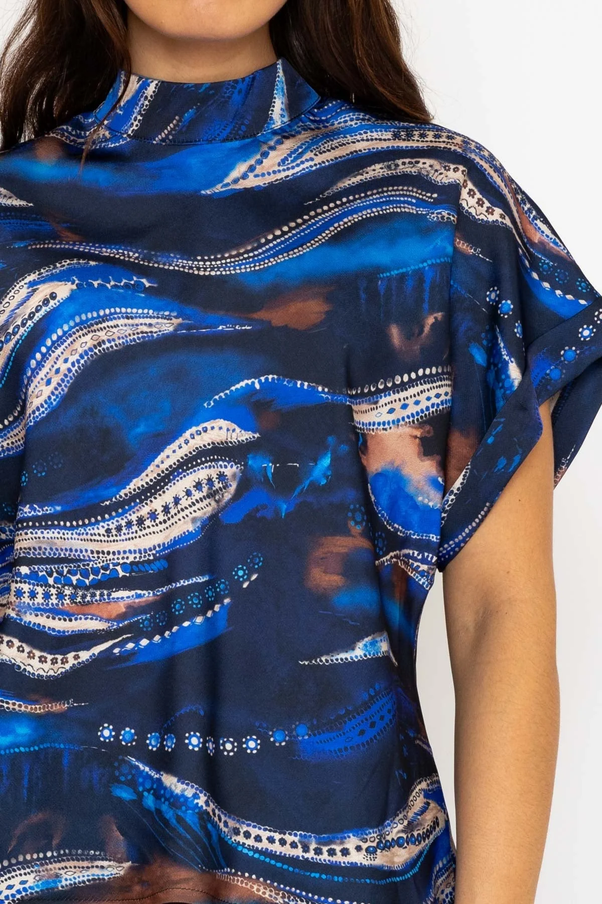 Printed High Neck Sateen Top in Blue