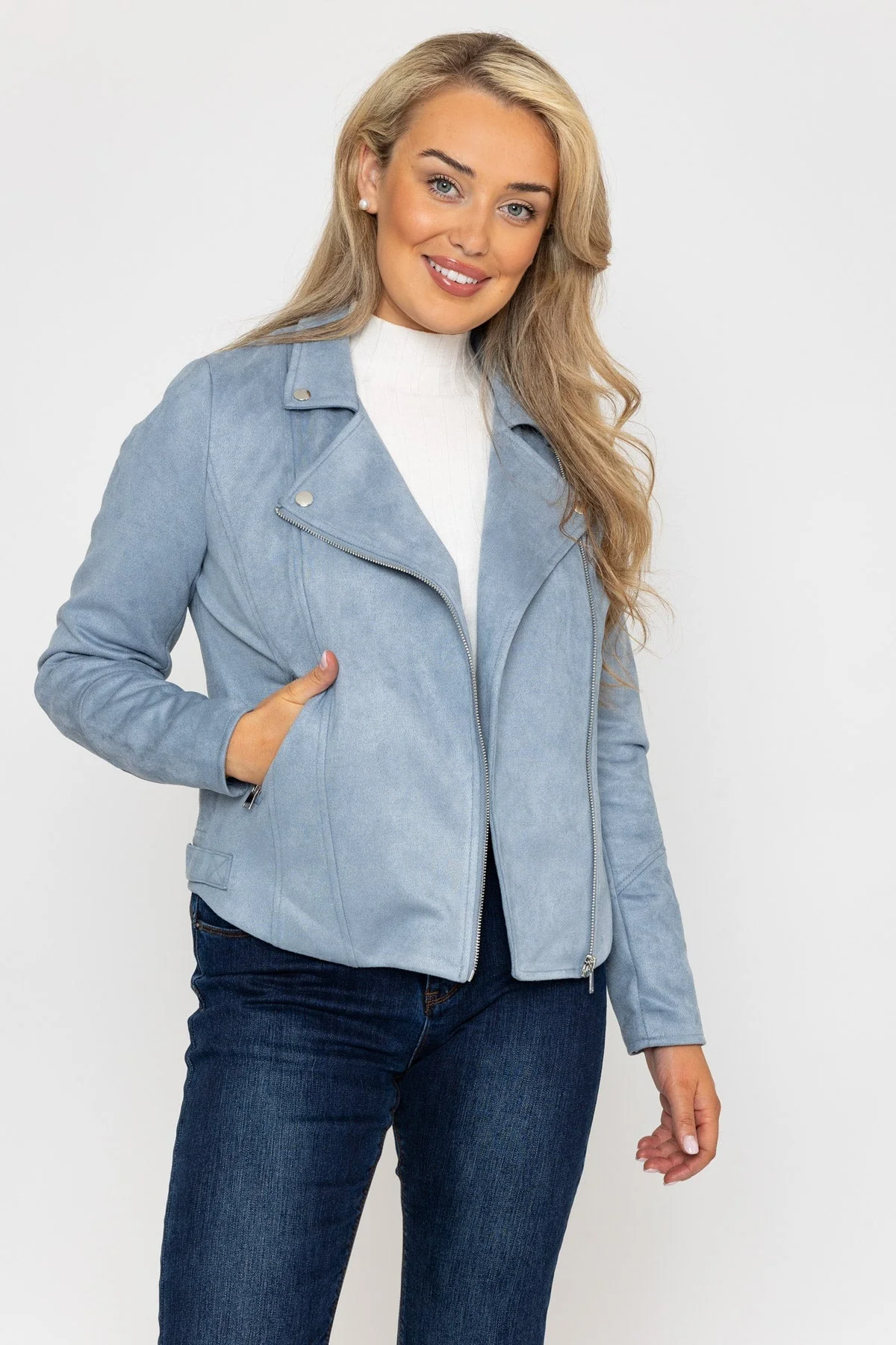 Suede Biker Jacket in Light Blue