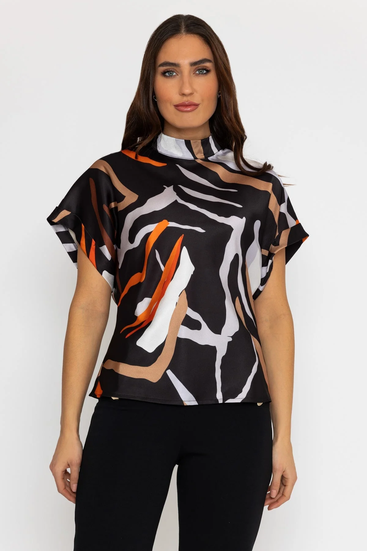 High Neck Sateen Top in Black Print