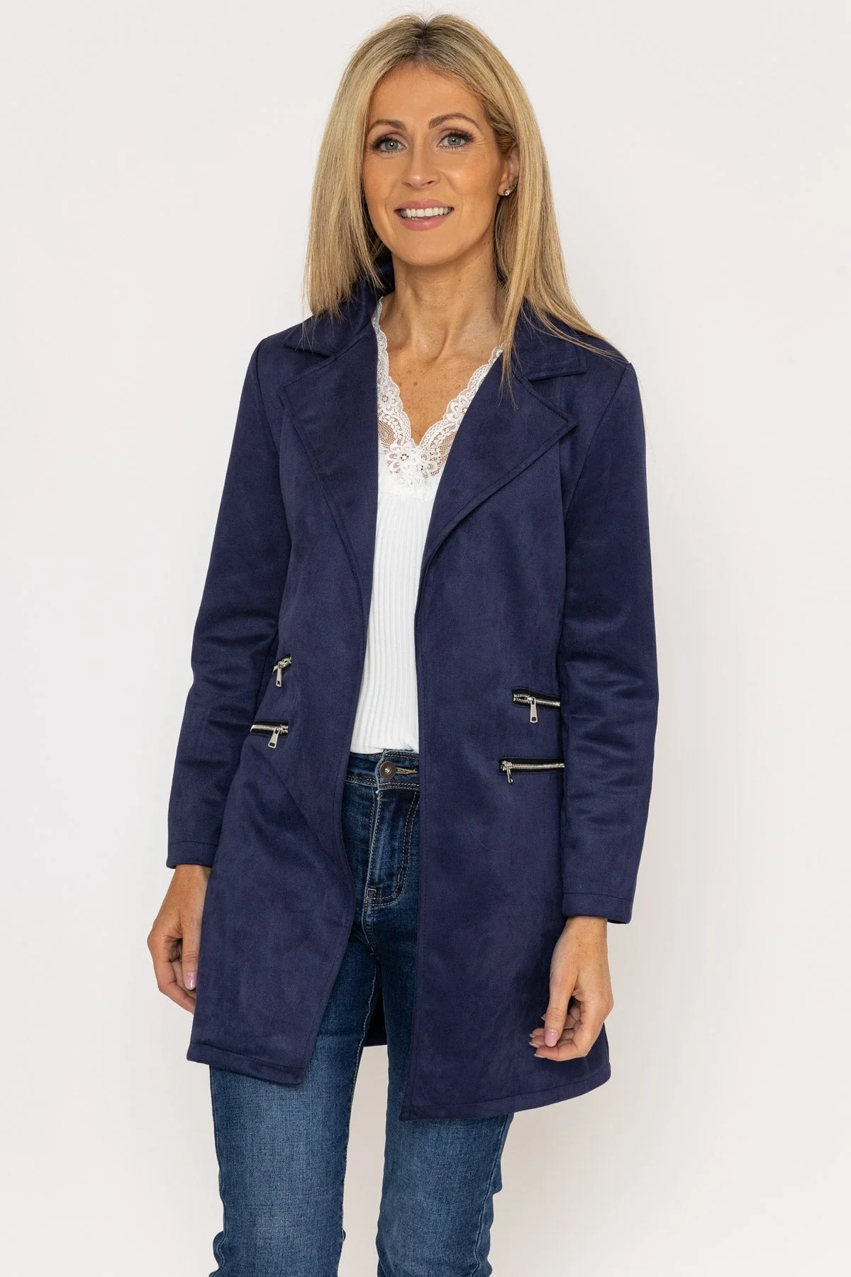 Suede 3/4 Zip Detail Jacket in Navy