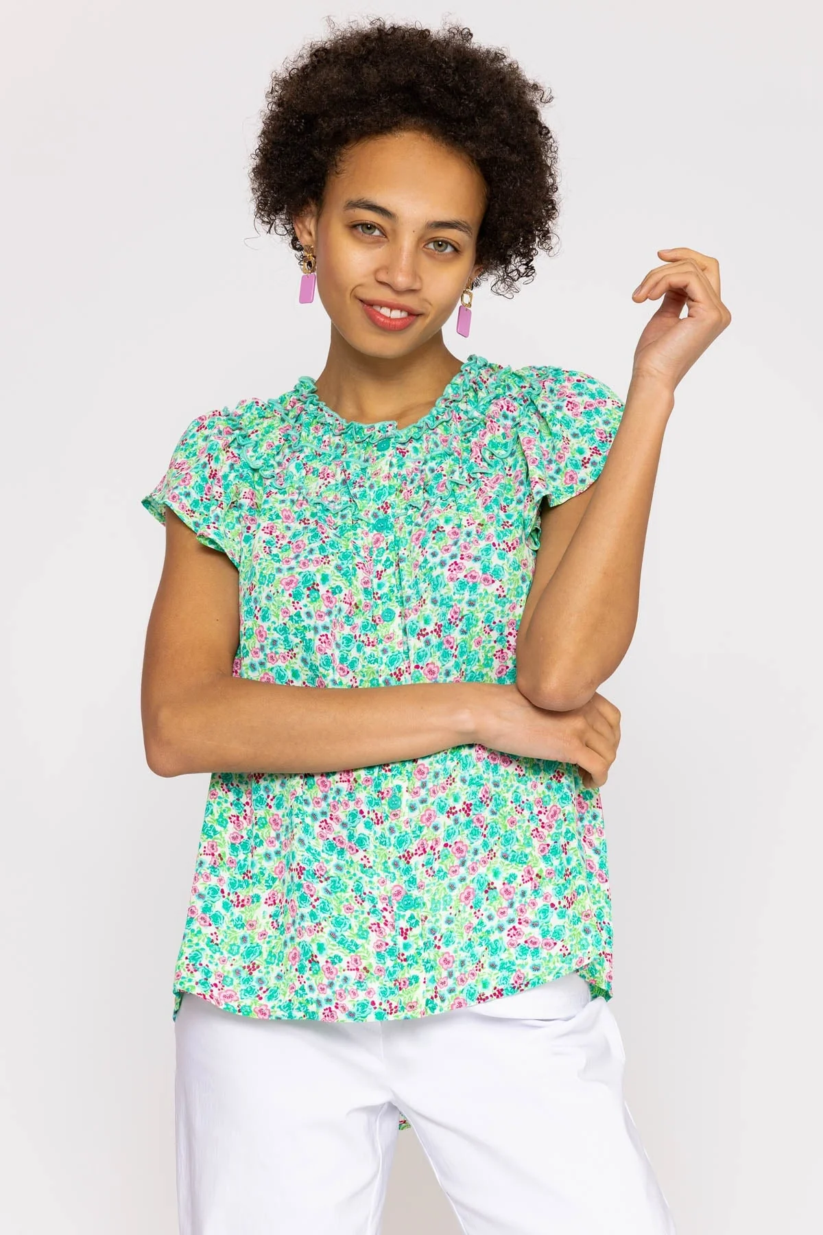 Ruffle Blouse in Aqua Floral Print
