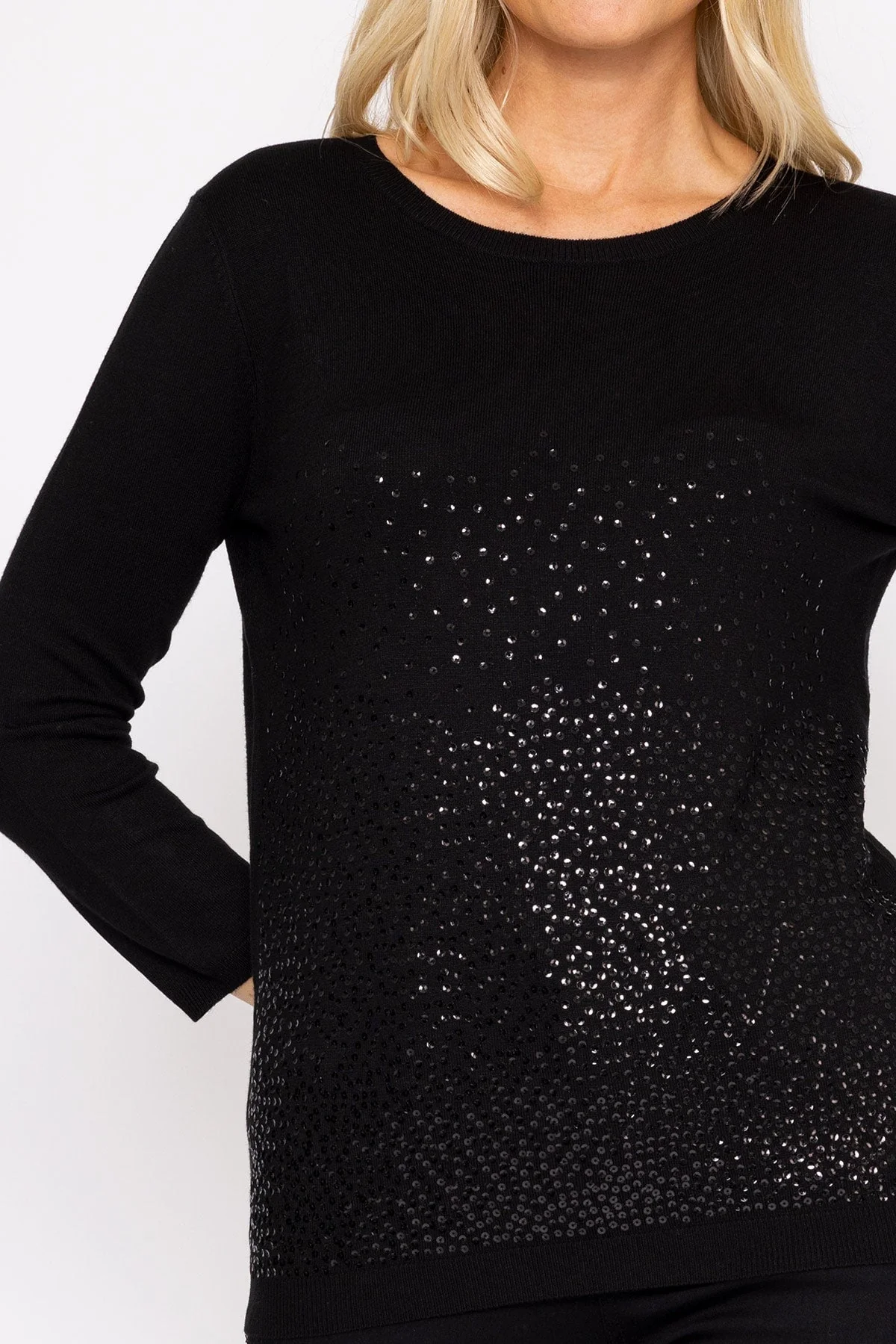 Sequin Crew Neck 3/4 Sleeve Knit in Black