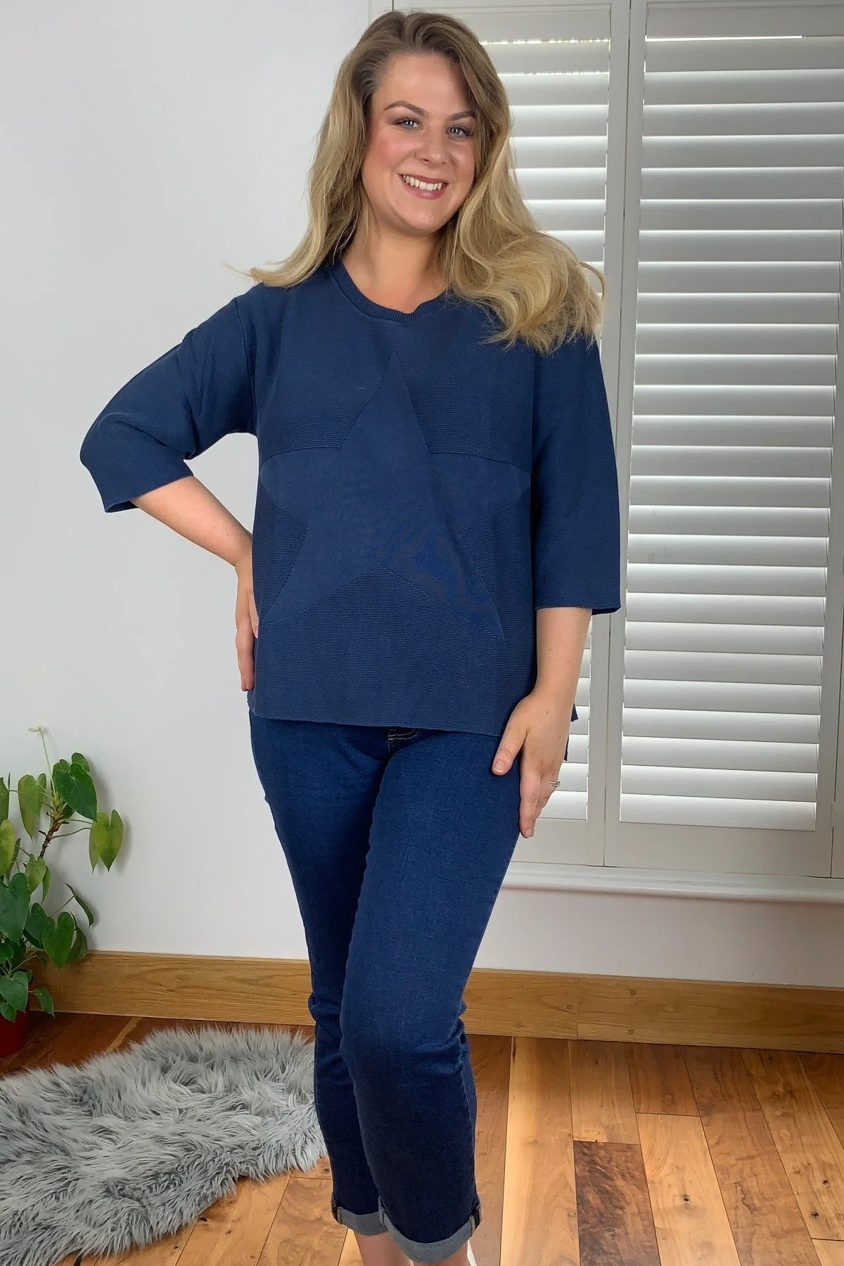 3/4 Sleeve Star Knit Sweater in Dark Blue