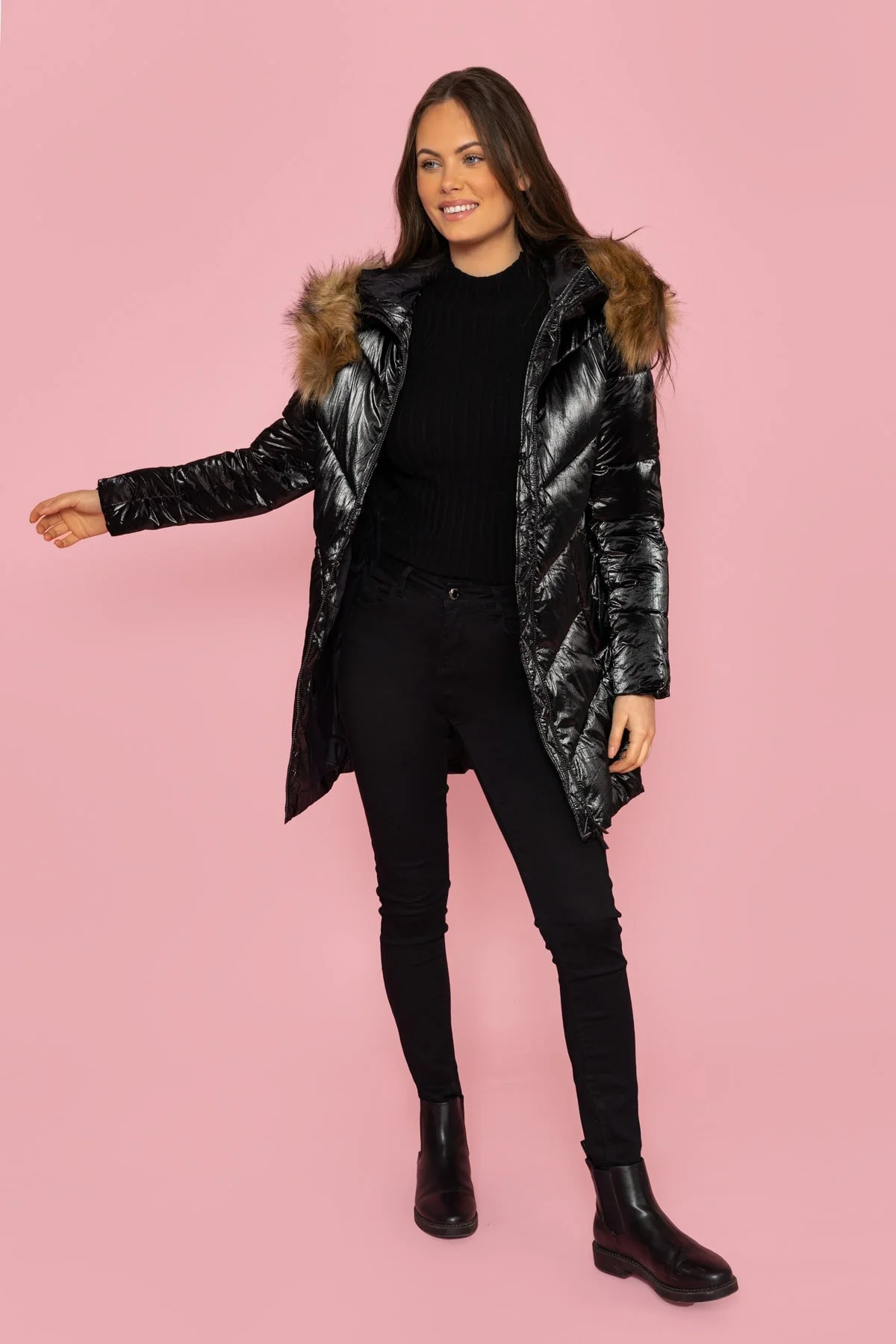 Faux Fur Hood Coat in Black