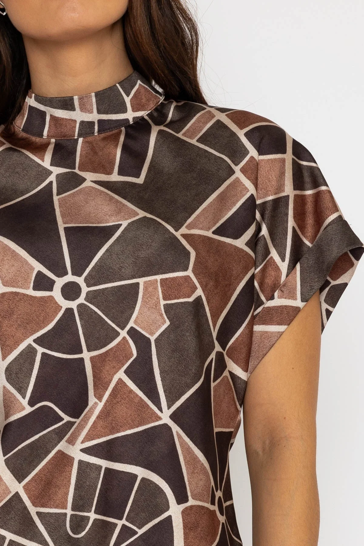 High Neck Sateen Top in Khaki Print