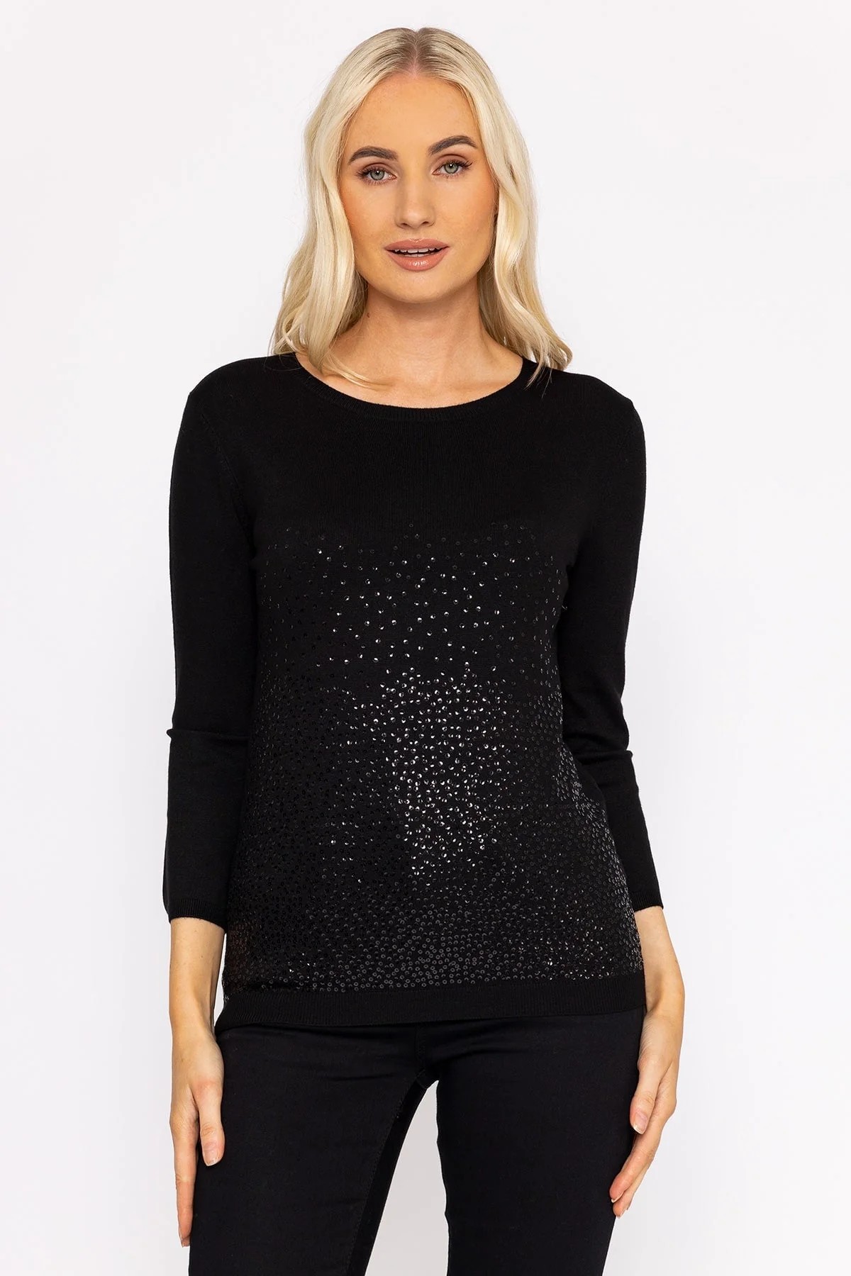 Sequin Crew Neck 3/4 Sleeve Knit in Black
