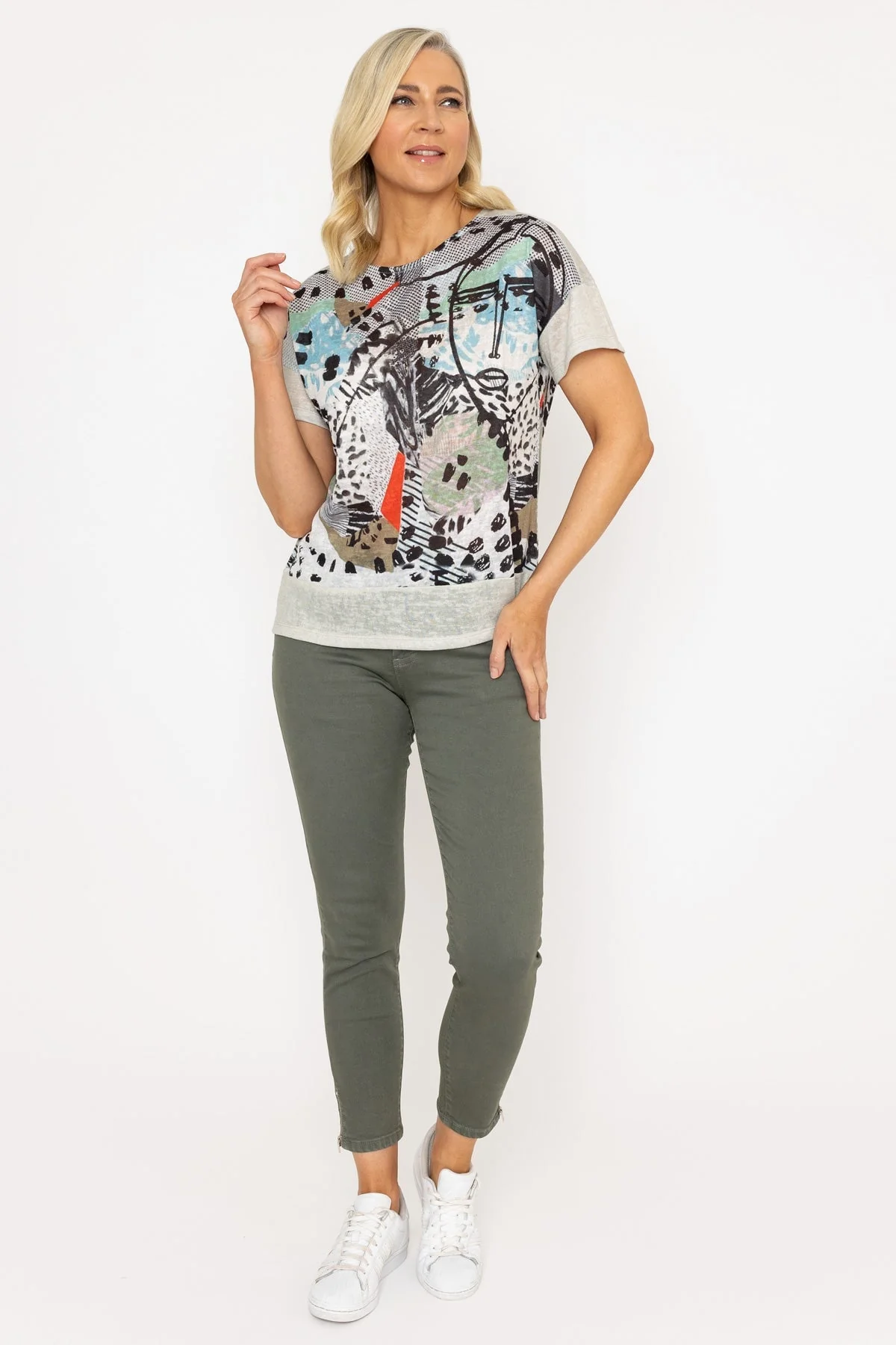 Abstract Printed Round Neck T-Shirt in Sage