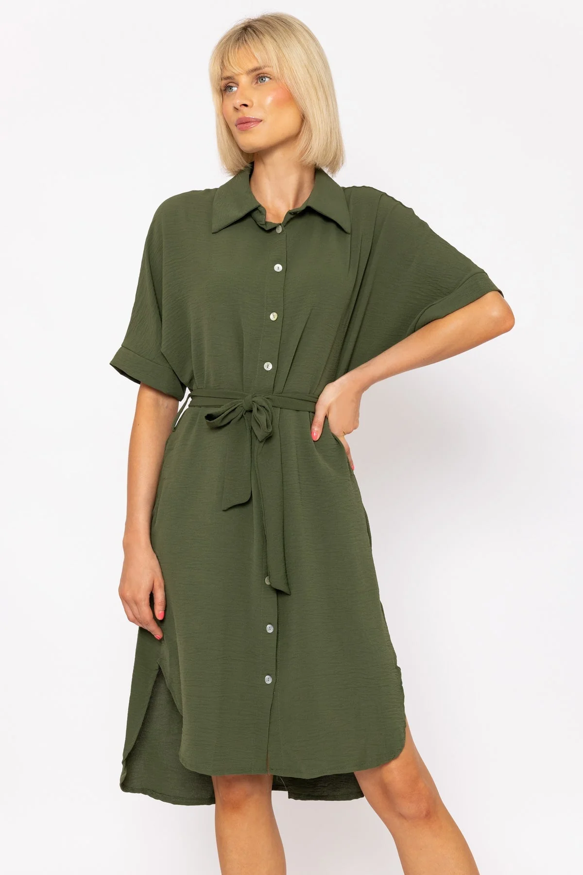 Khaki Green Belted Shirt Dress