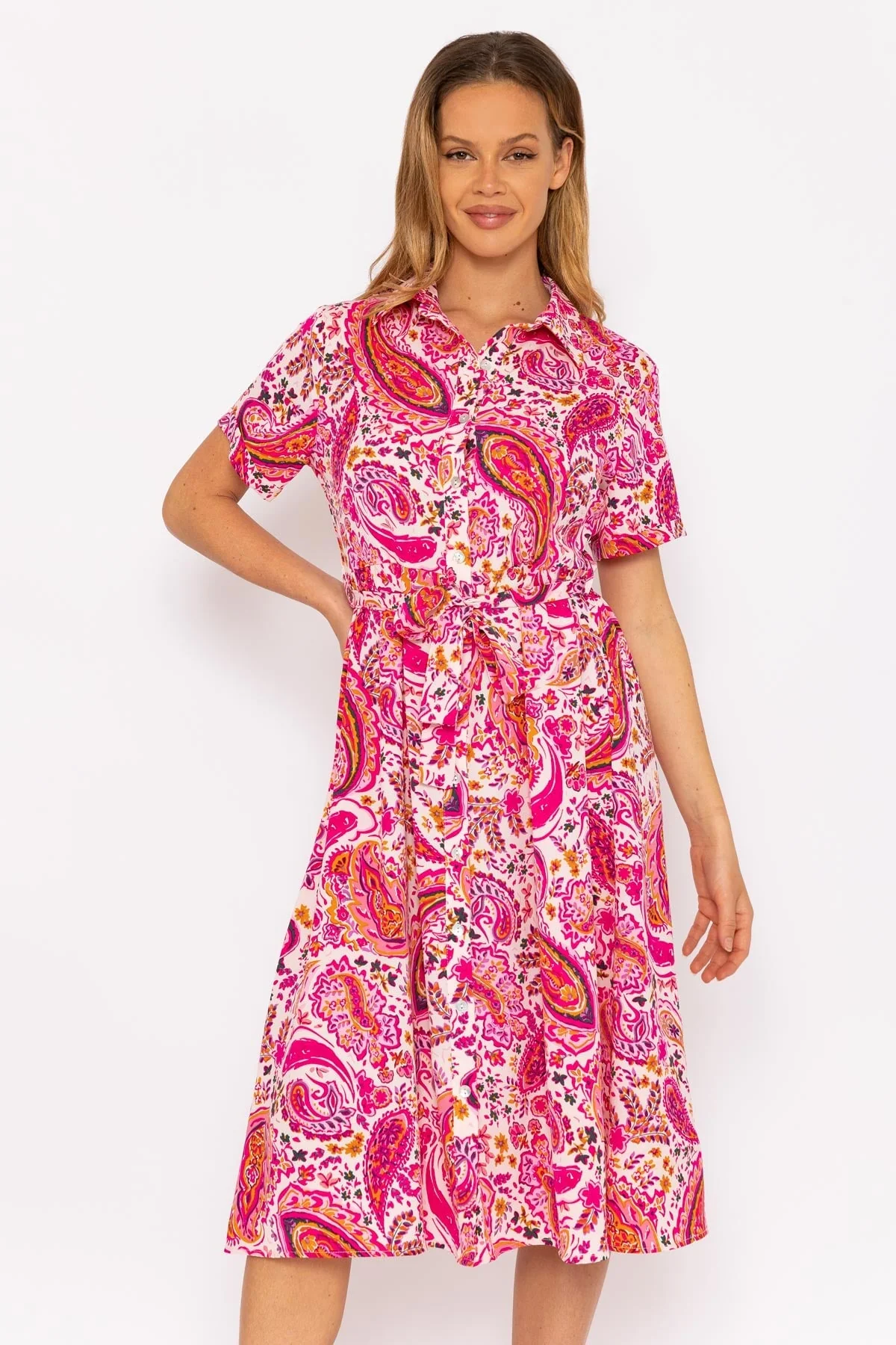 Pink Printed Shirt Midi Dress