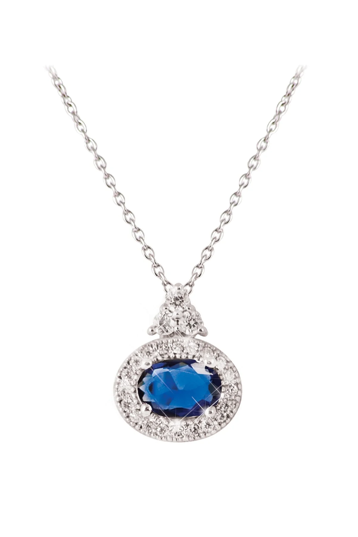 Silver Oval Sapphire White Surround Pendant