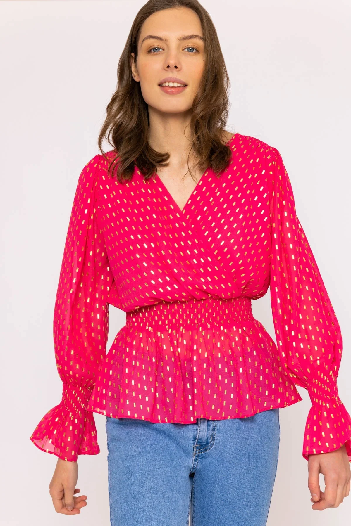 Gold Detail Wrap Top in Pink