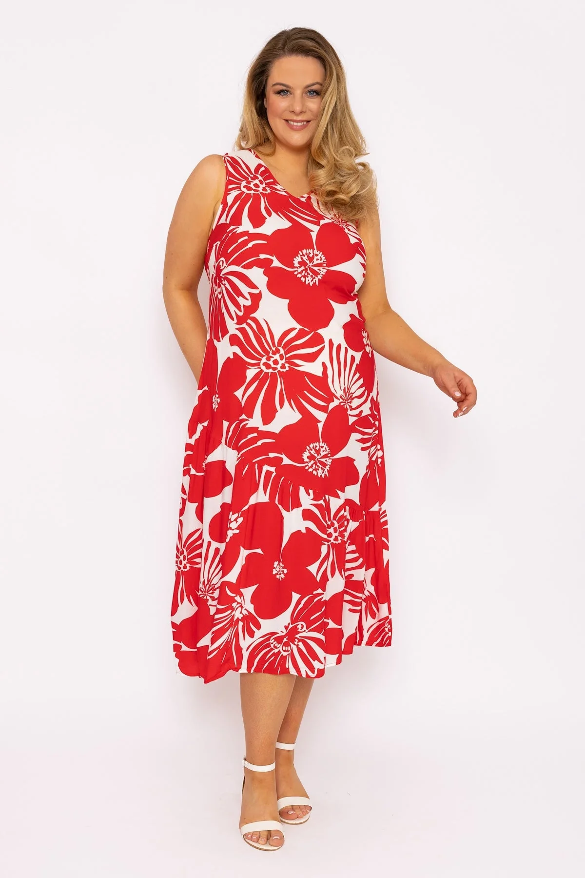 Sleeveless Midi Dress in Red Print