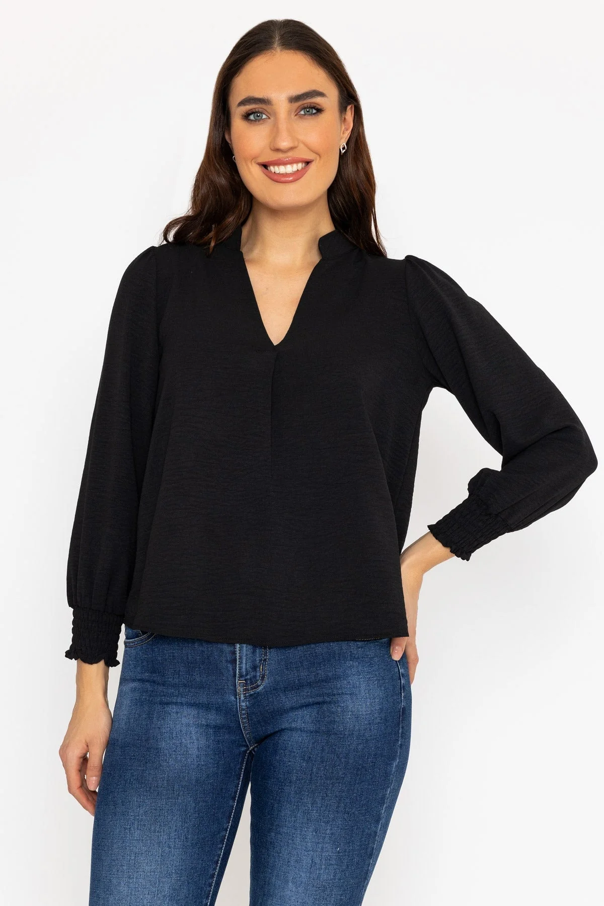 Long Sleeve Collarless Top in Black