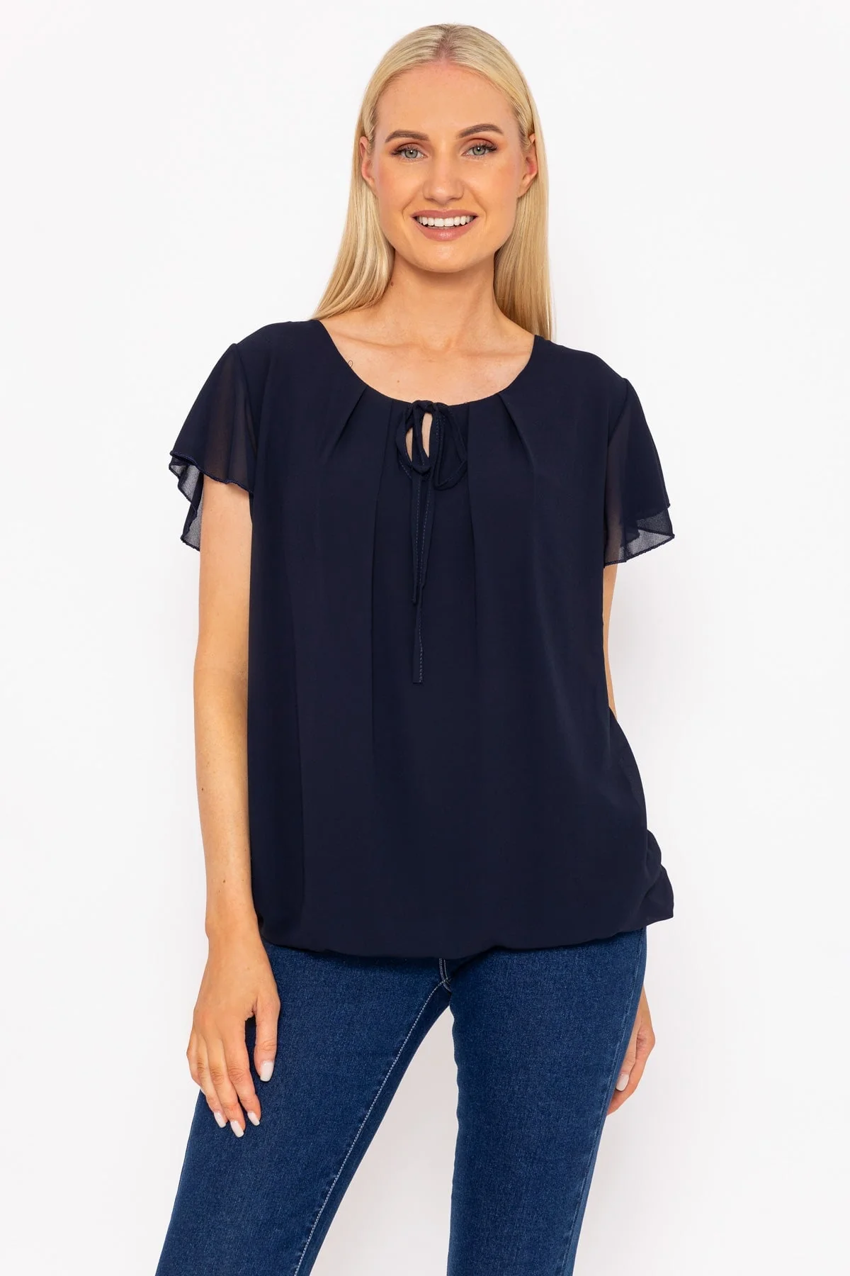 Short Sleeve Plain Blouse in Navy