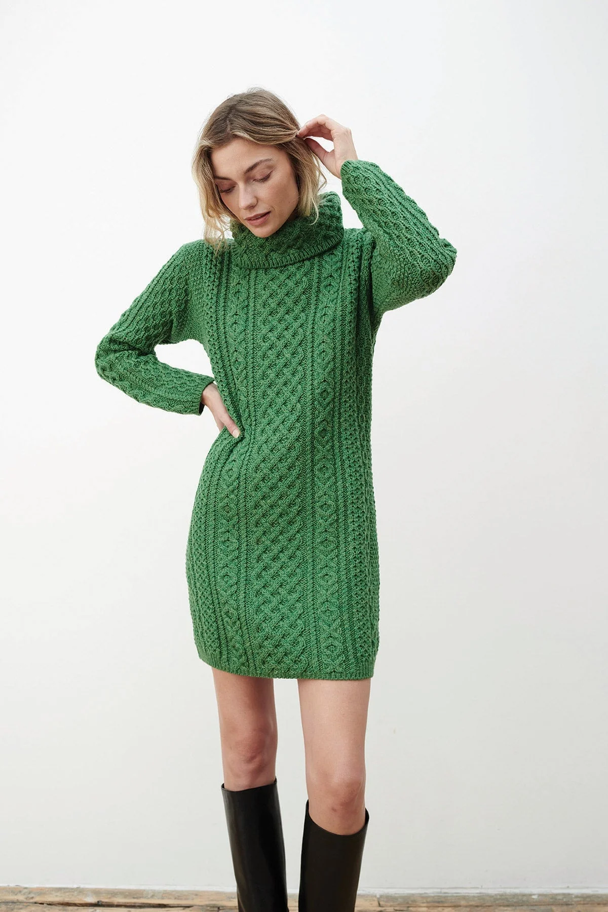 Merino Wool Knitted Roll Neck Tunic in Green