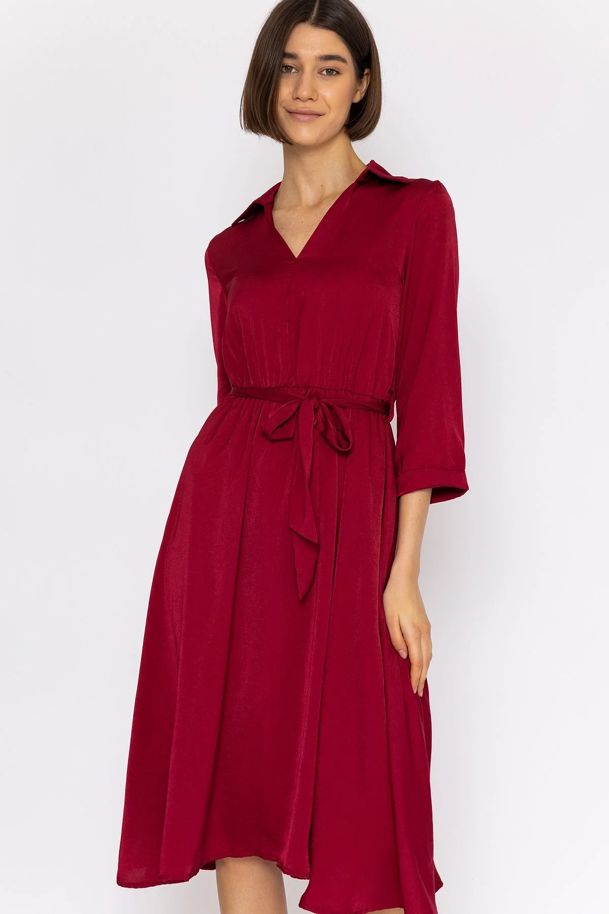 Satin V-Neck Dress in Burgundy
