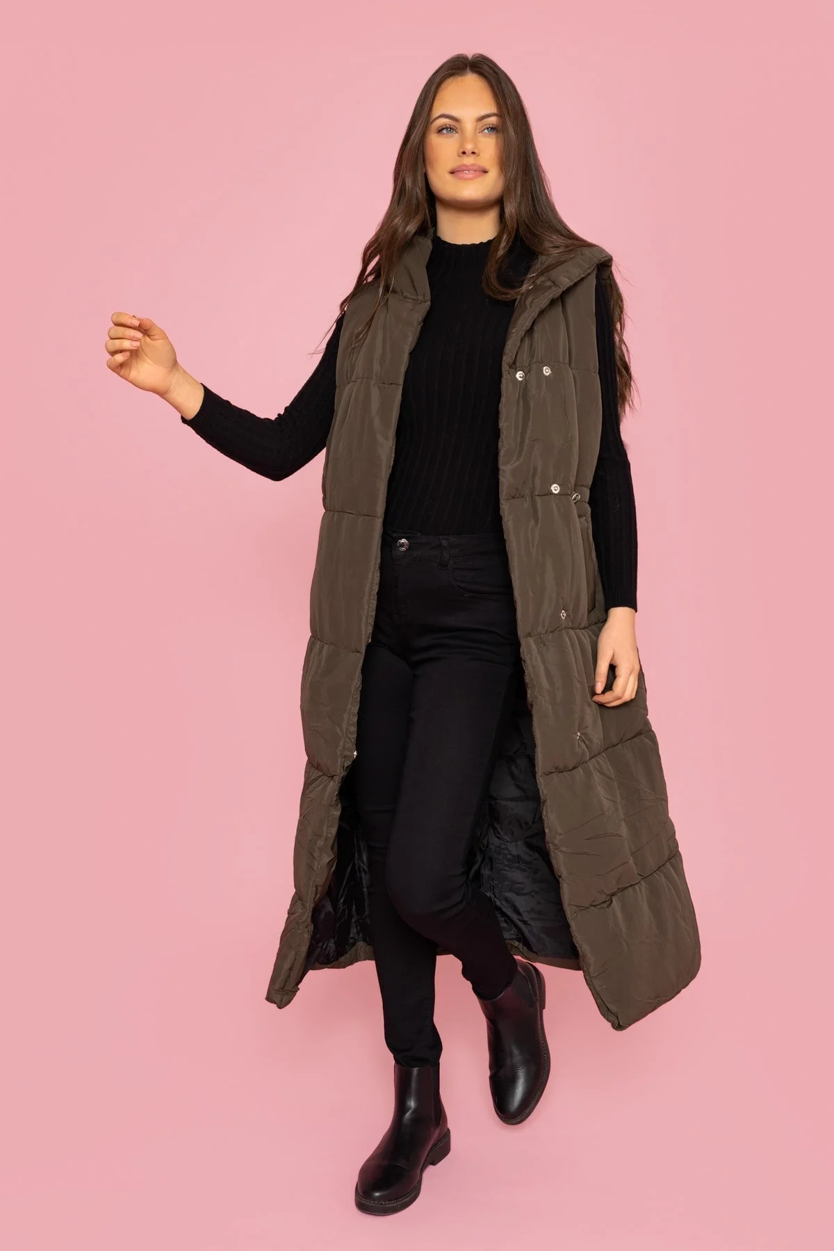 Hooded Cinched Waist Longline Gilet in Khaki