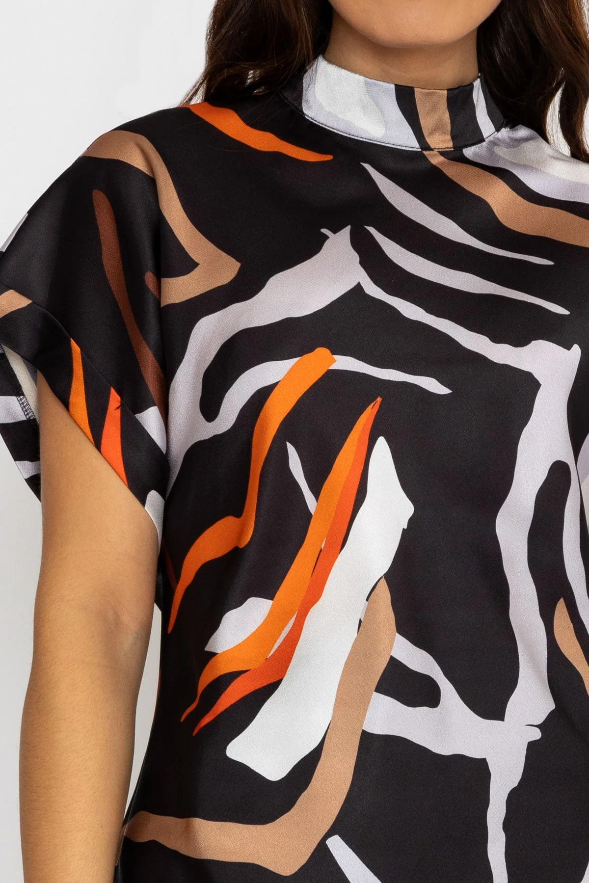 High Neck Sateen Top in Black Print