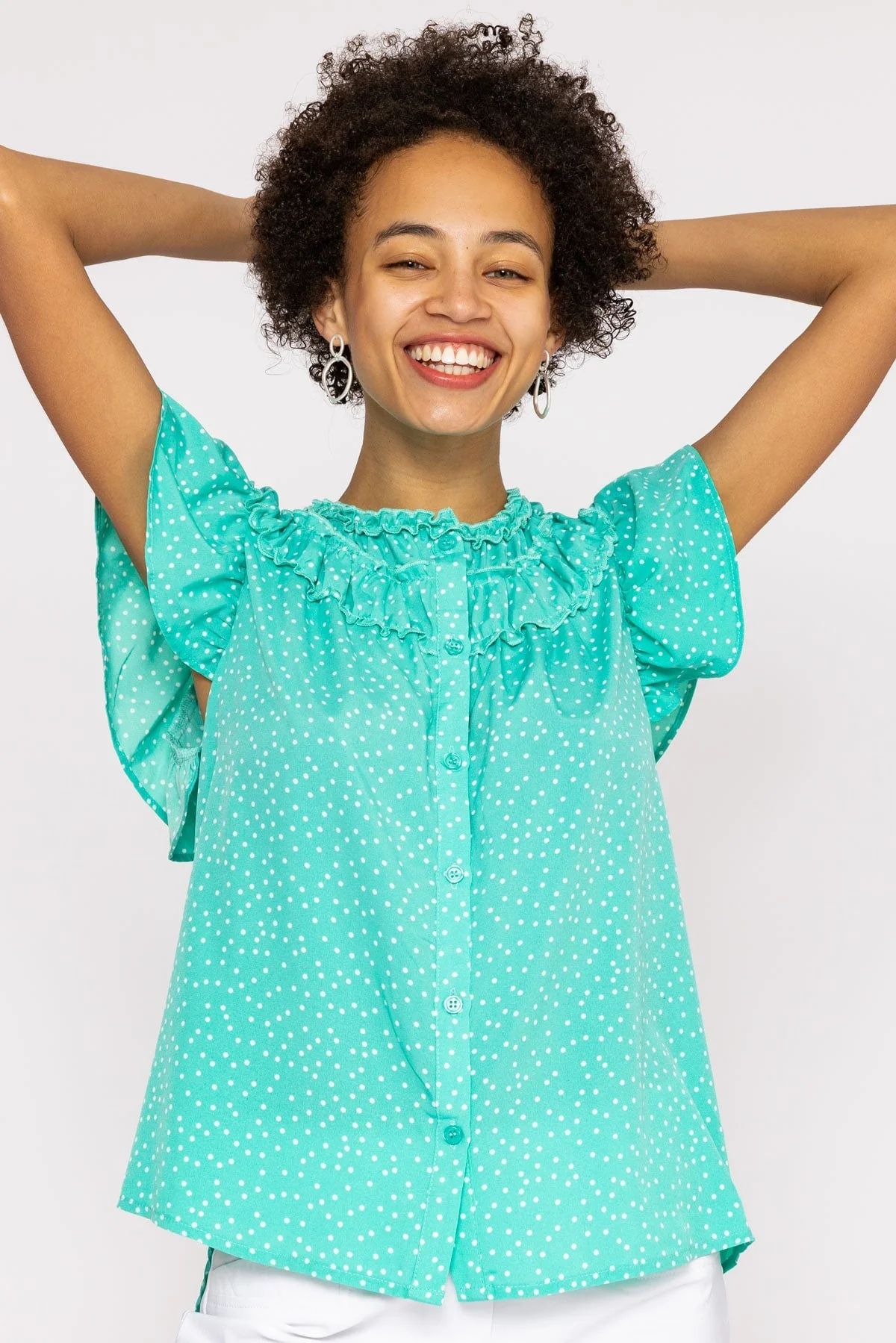 Ruffle Blouse in Aqua Print