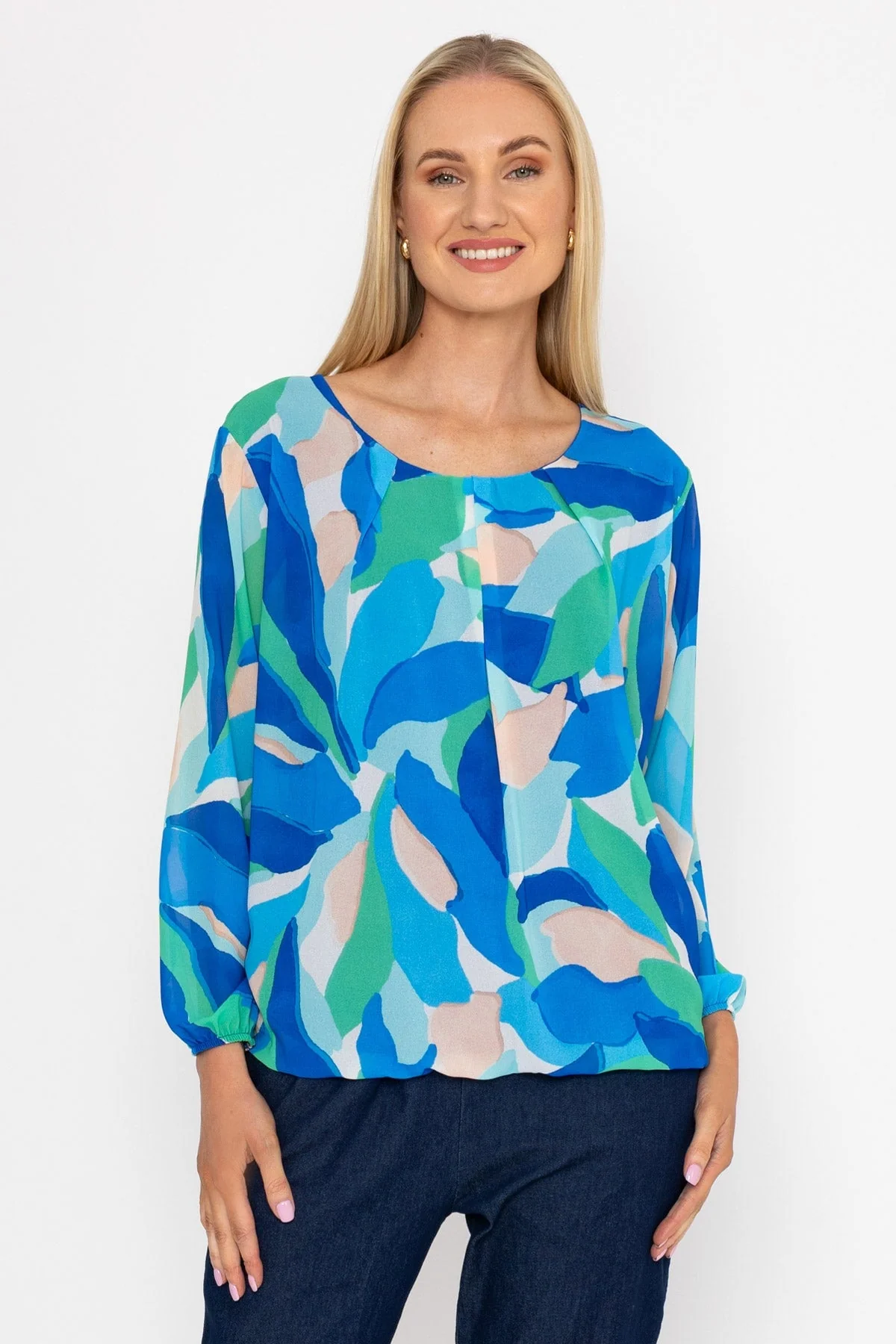 Blue Printed Long Sleeve Blouse