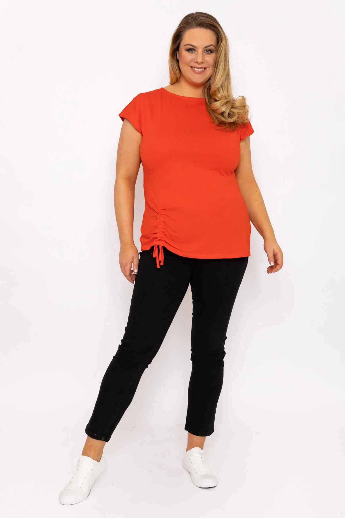 Gathered Hem Short Sleeve Top in Red