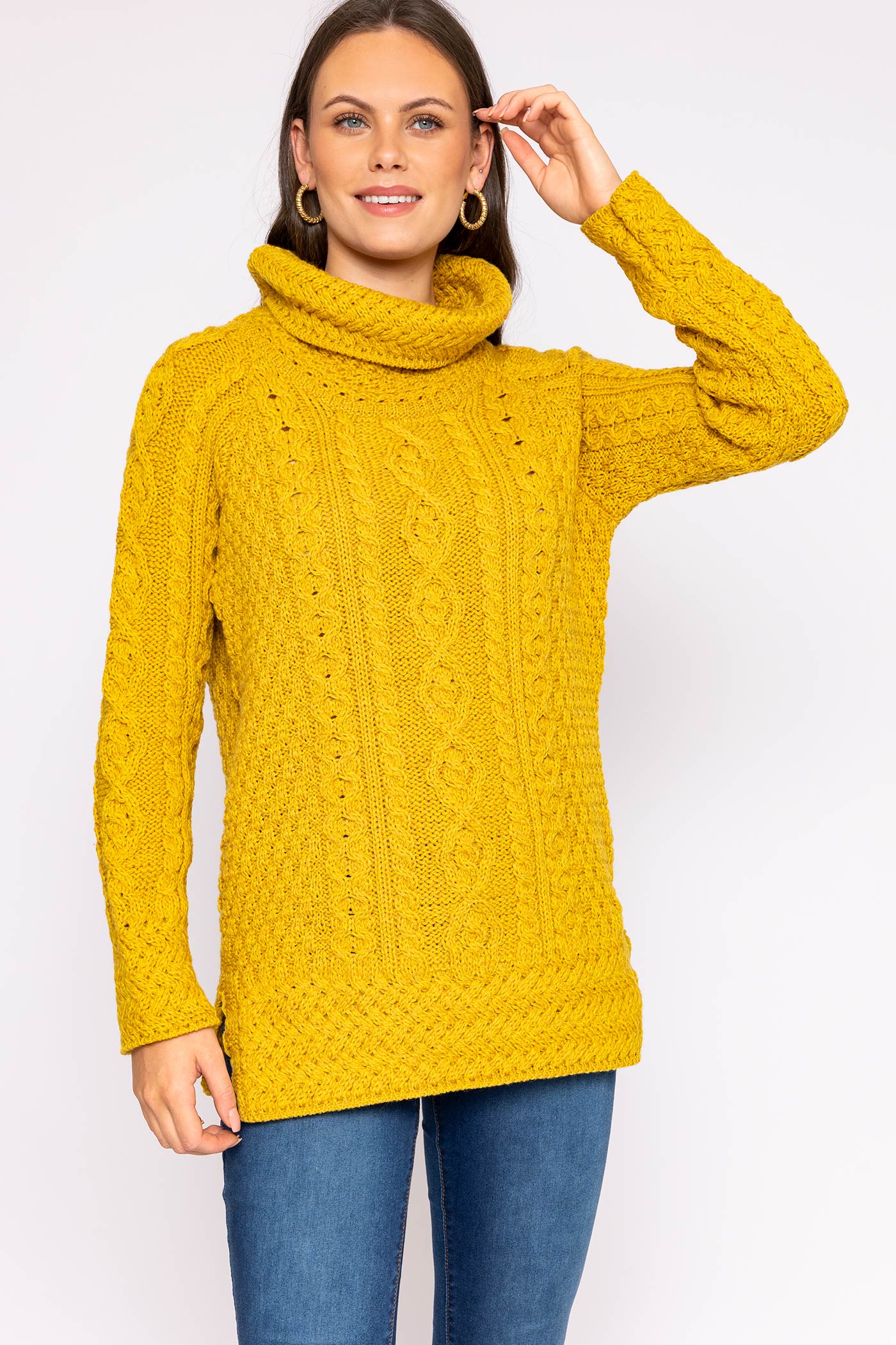 Women's Merino Wool Cowl Neck Sweater in Mustard