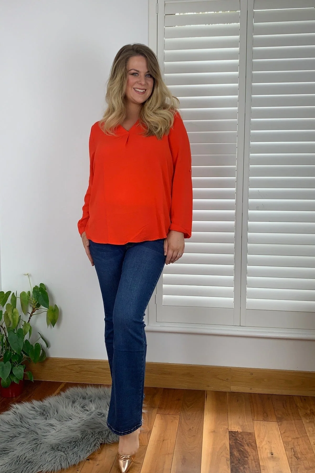 Textured Long Sleeve Blouse in Orange