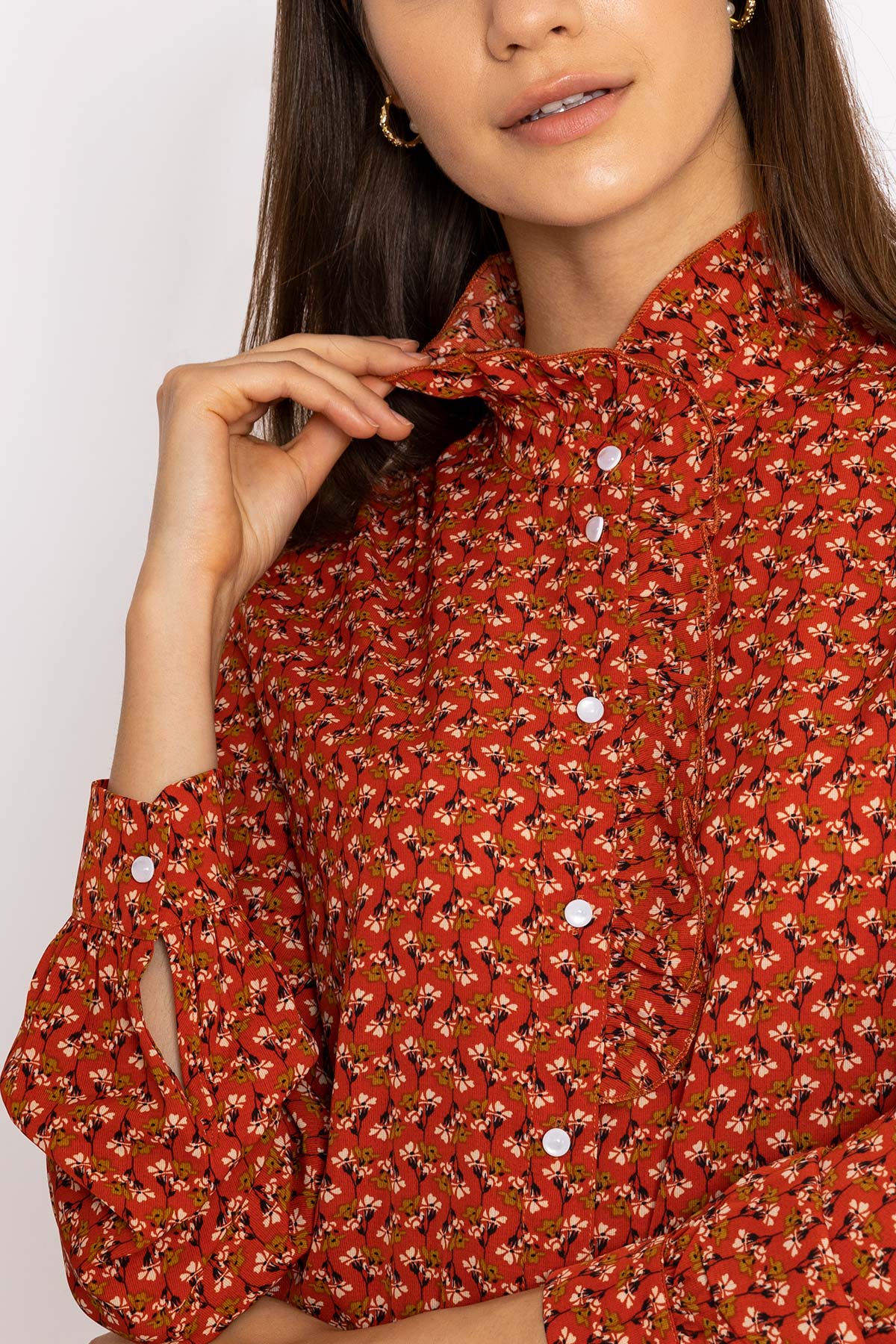 Ruffle Blouse in Rust Print