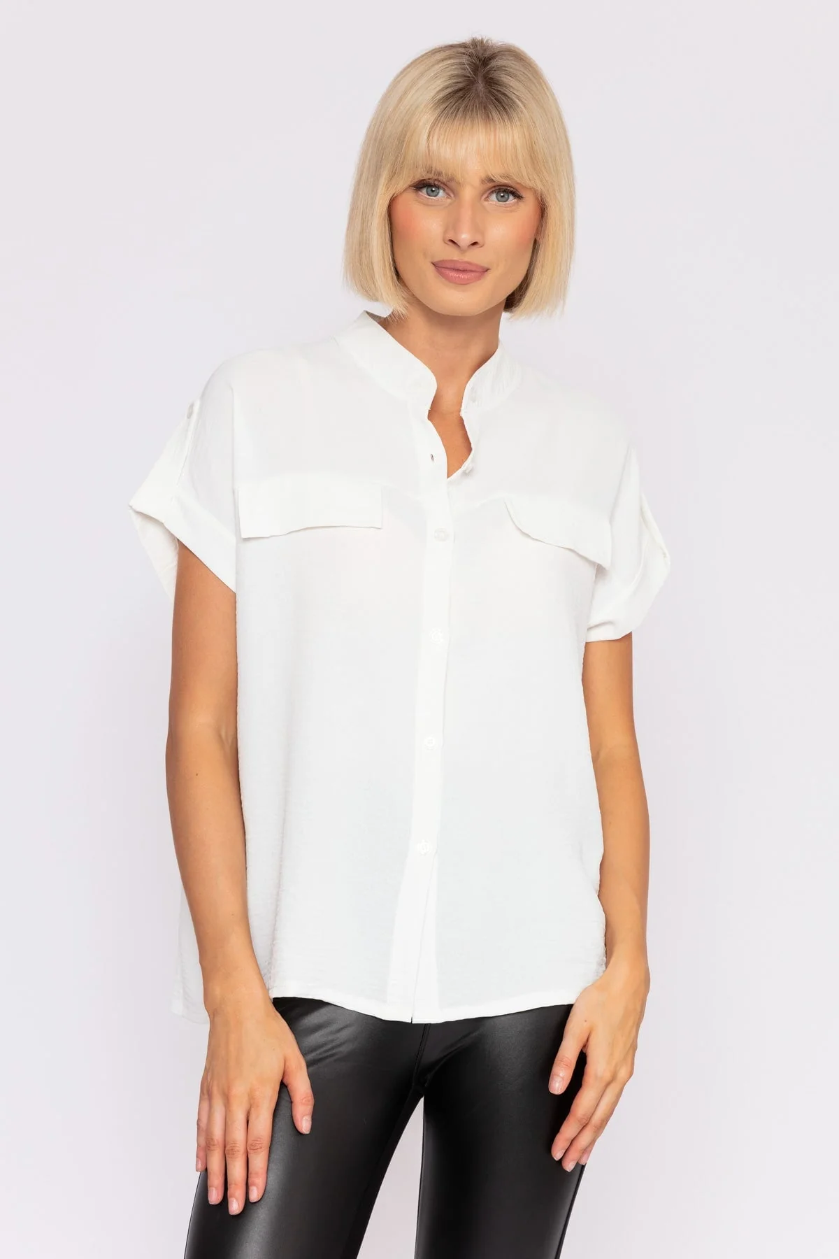 Short Sleeve Collarless Shirt in Ecru