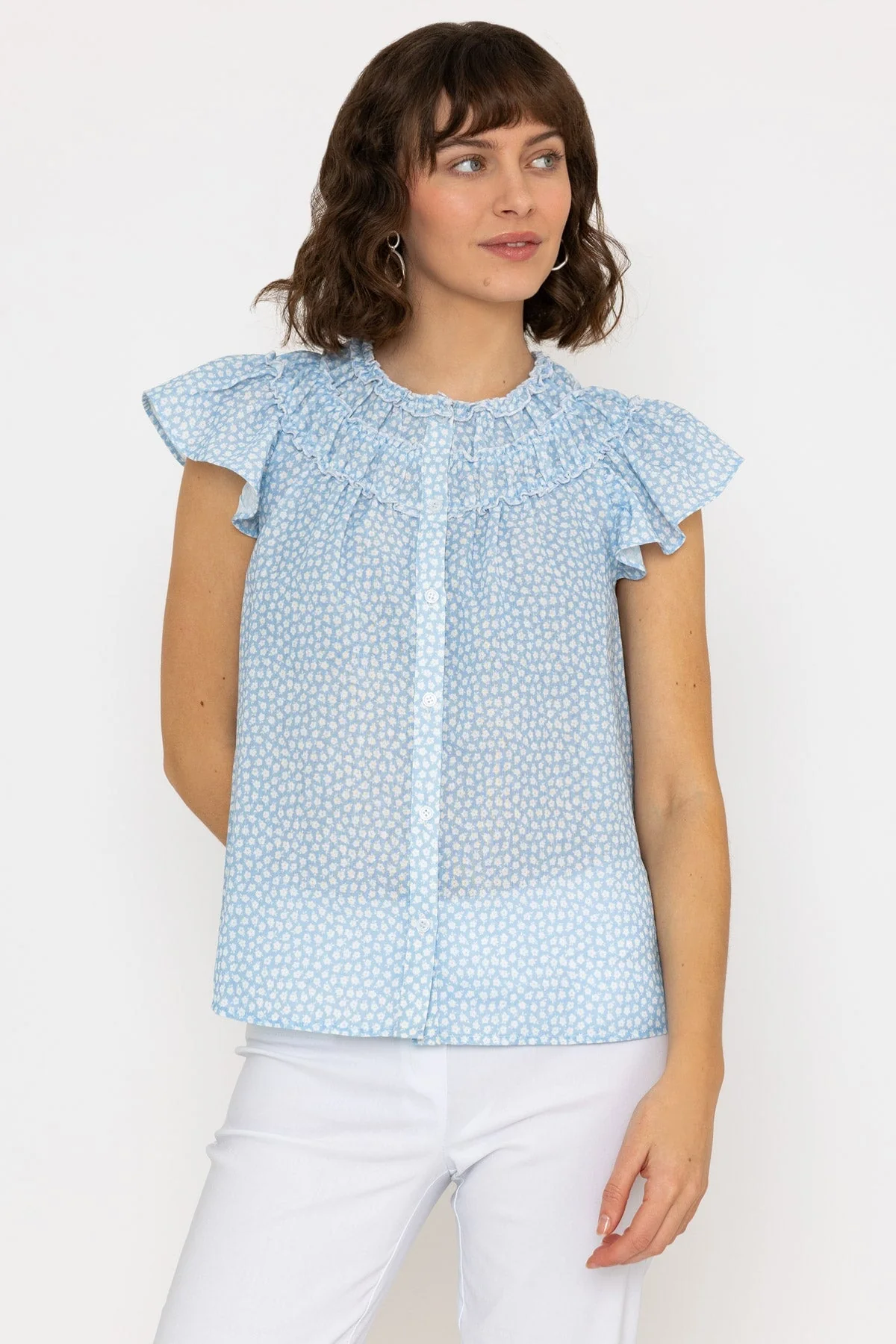 Ruffle Blouse in Blue Print