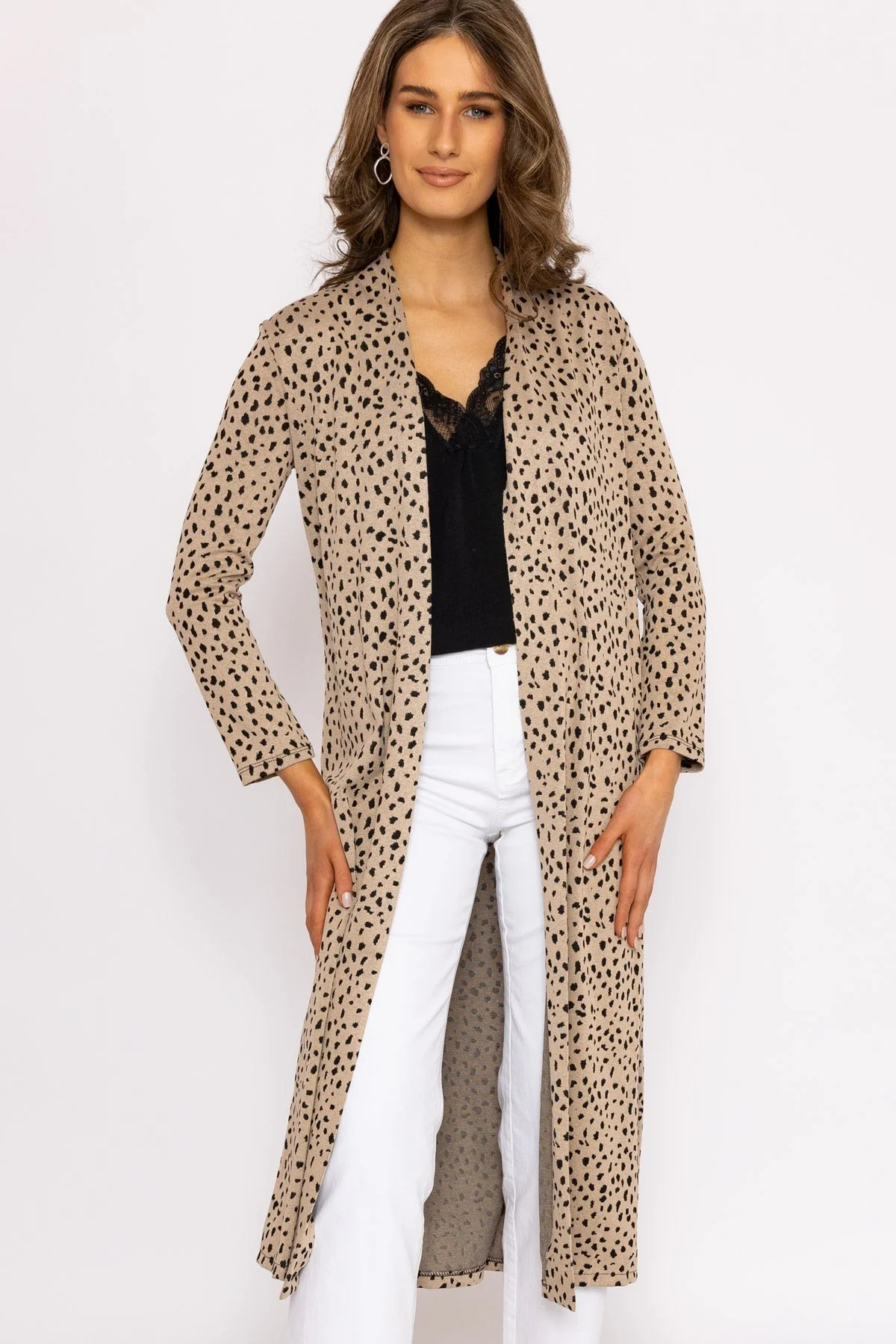 Long Printed Cardigan in Camel