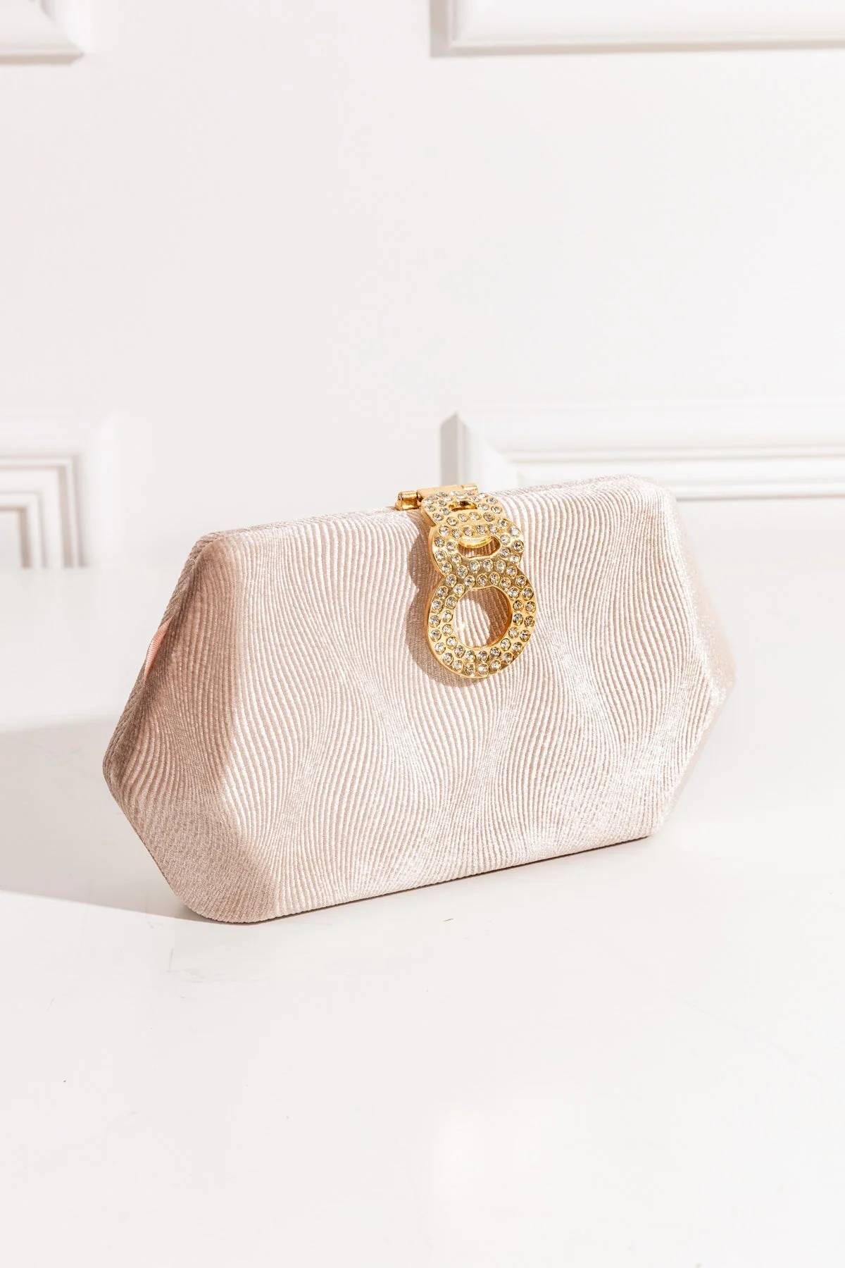 Textured Clutch Bag with Metal Tab in Gold